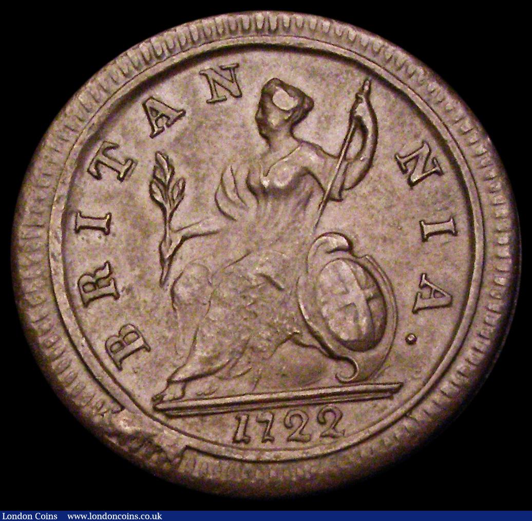 London Coins : A191 : Lot 1751 : Halfpenny 1722 inverted A for V in GEORGIVS bold and pleasant VF Peck 802 rated R rare by Peck