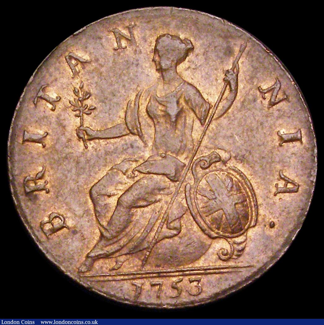 London Coins : A191 : Lot 1754 : Halfpenny 1753 Peck 883 EF or better with a good degree of lustre seldom seen on a coin this old