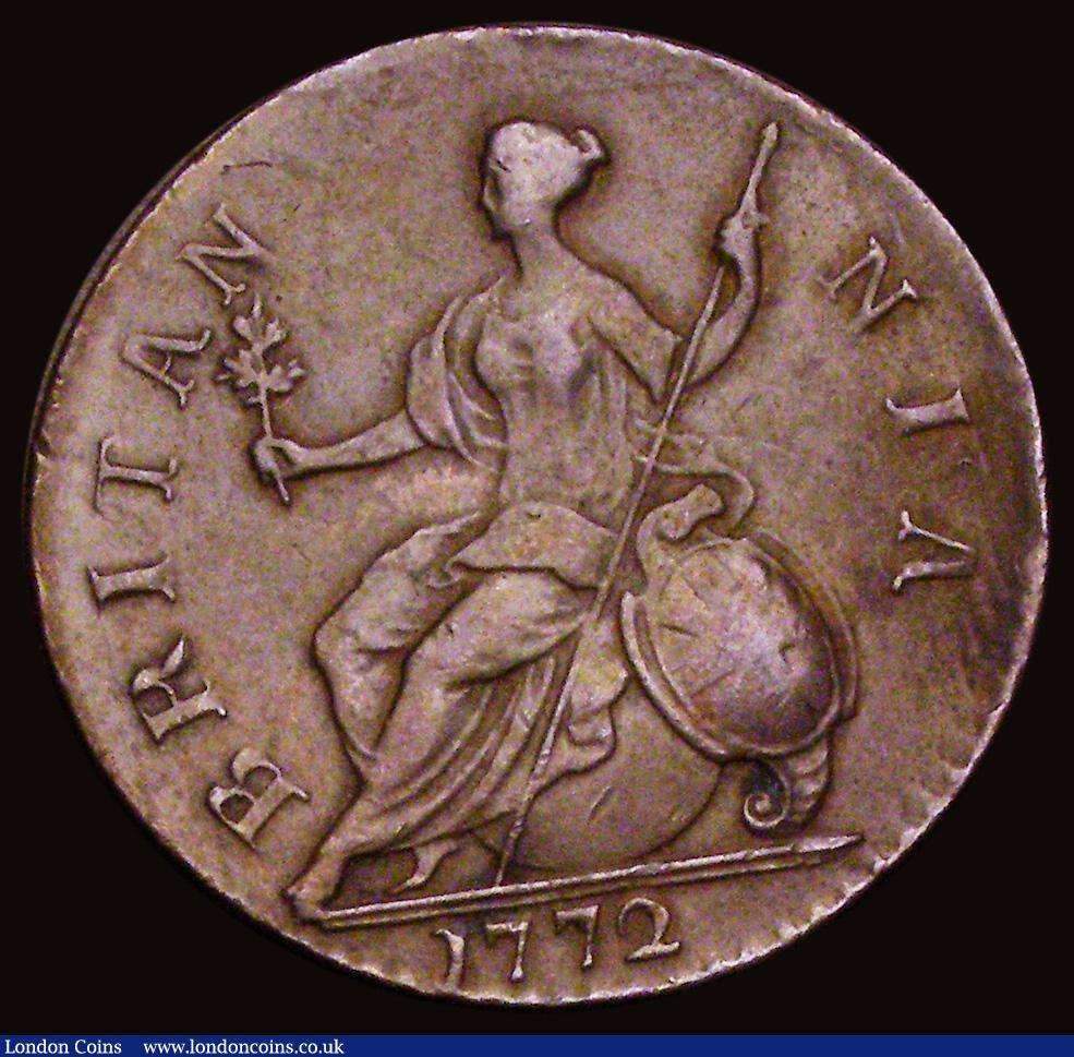 London Coins : A191 : Lot 1756 : Halfpenny 1772 GEORIVS error Peck 900 VF or better with a touch of verdigris below Britannia's ...