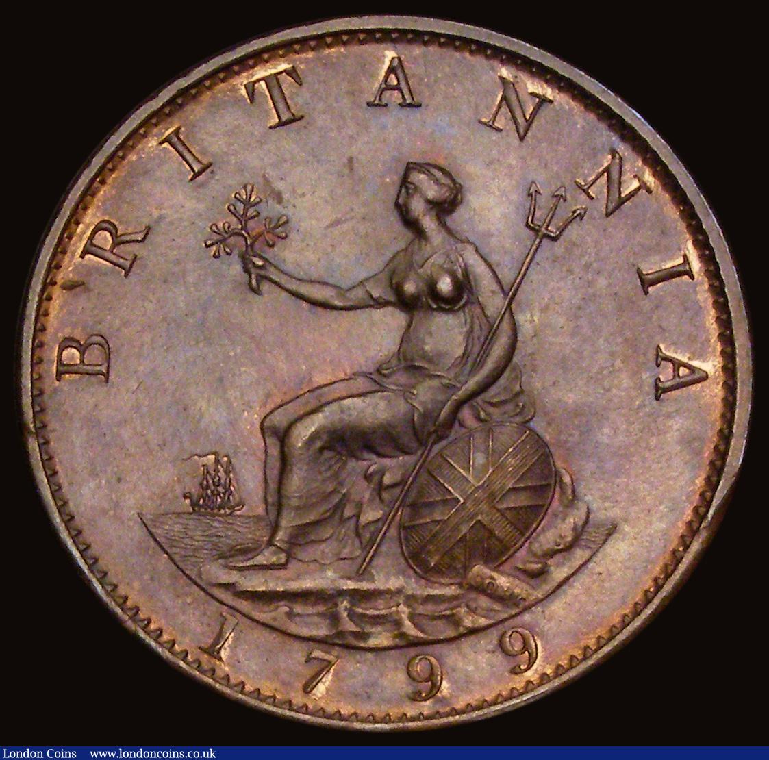London Coins : A191 : Lot 1759 : Halfpenny 1799 5 incuse gunports Peck 1248 brown Unc