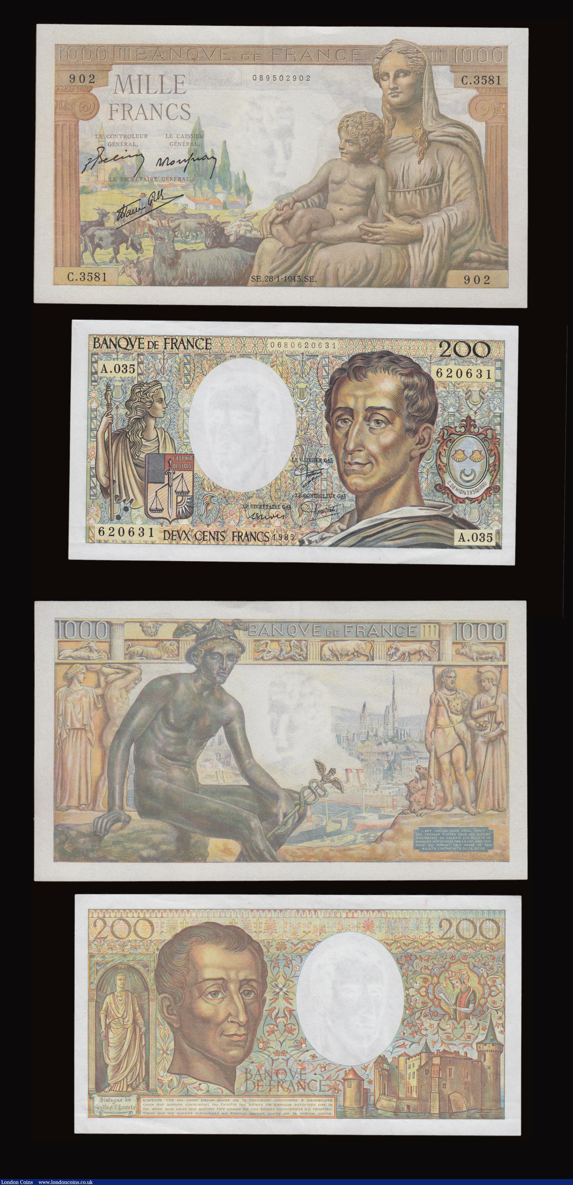 London Coins : A191 : Lot 200 : France (3) 200 Francs Pick 155a EF, 100 Francs 4.1.1973 EF pinholes at left, 1,000 Francs 28.1.1943 ...