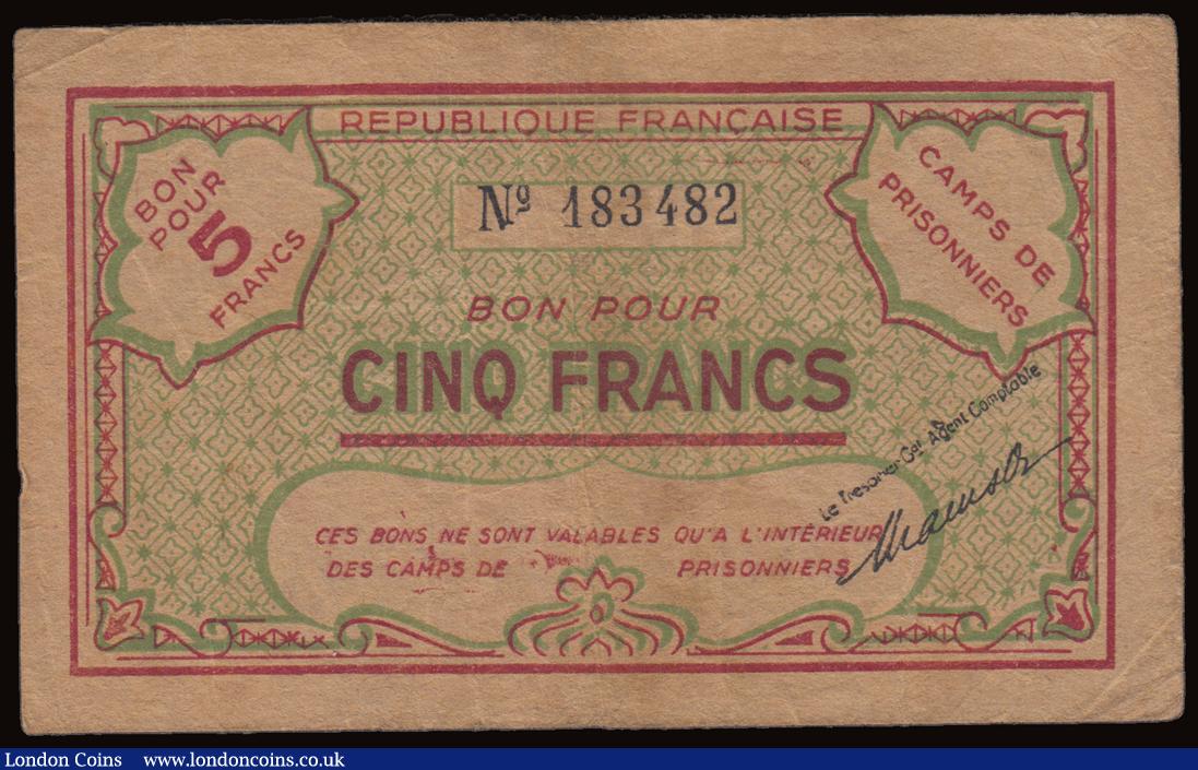 London Coins : A191 : Lot 202 : France Vichy Government North Africa 5 Francs ND(1943) S/N 183482 VF, (France Bon Pour Cinq Francs C...