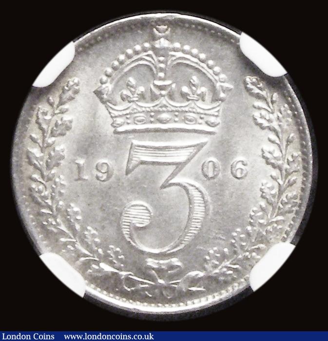 London Coins : A191 : Lot 2190 : Threepence 1906 ESC 2119, Bull 3622 NGC MS61 and a hard date to find in high grade