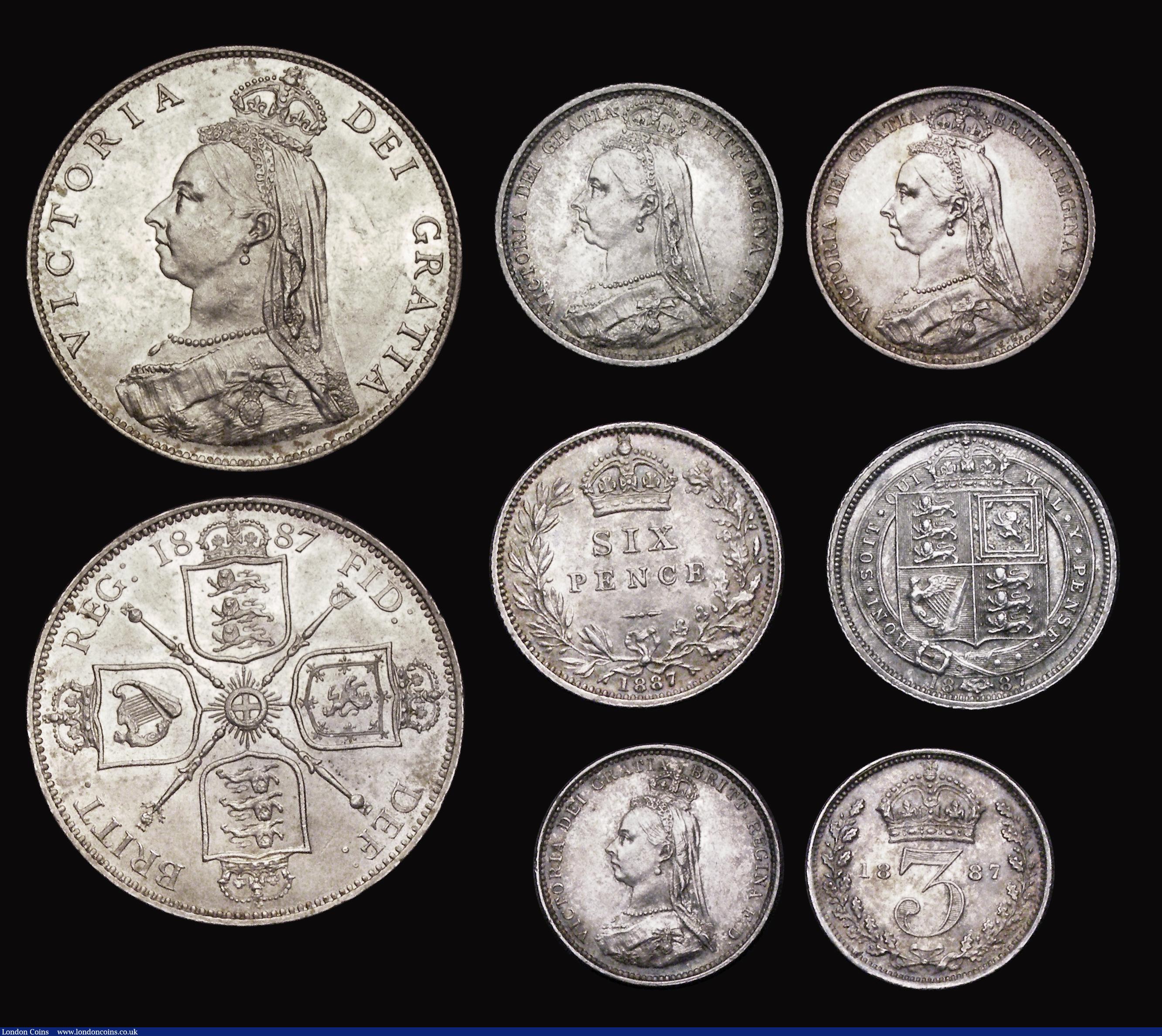 London Coins : A191 : Lot 2232 : 1887 Jubilee Head Coinage (6) Double Florin Roman I, Halfcrown, Florin (3), 6d (2) both types, 3d to...