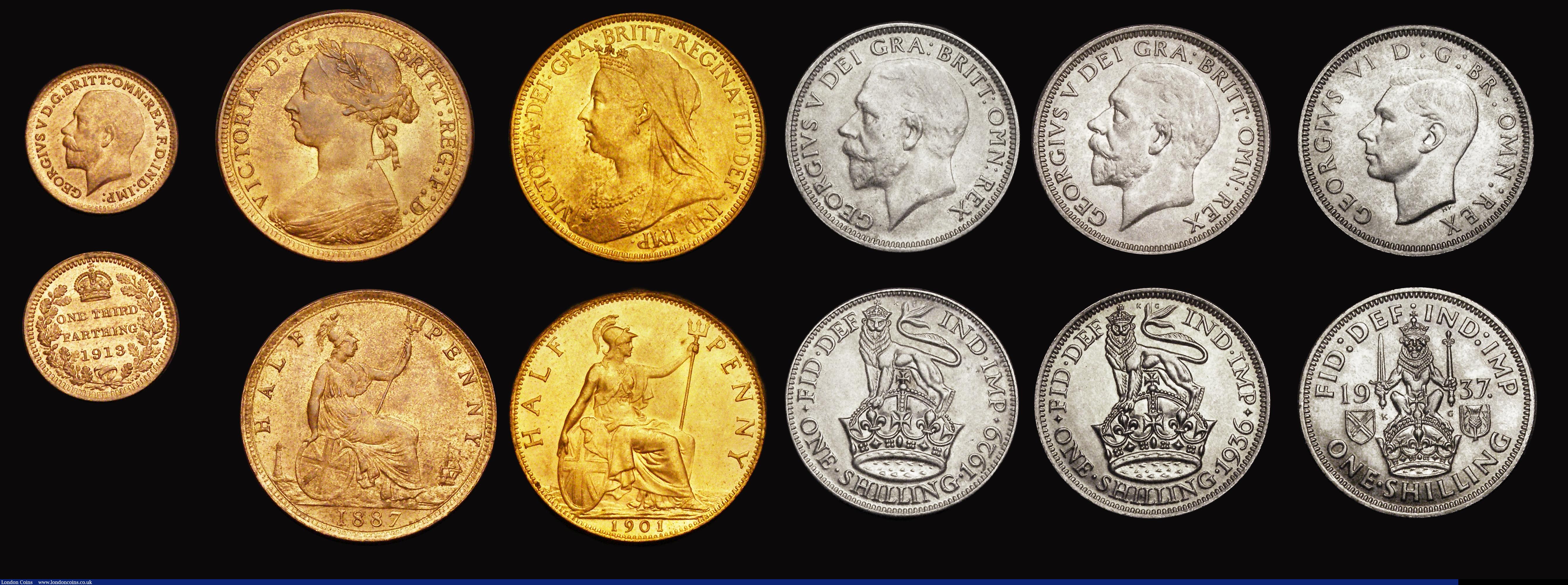 London Coins : A191 : Lot 2235 : A high grade group Third Farthing 1913, Halfpenny 1887 and 1901 these Unc with good to full lustre, ...