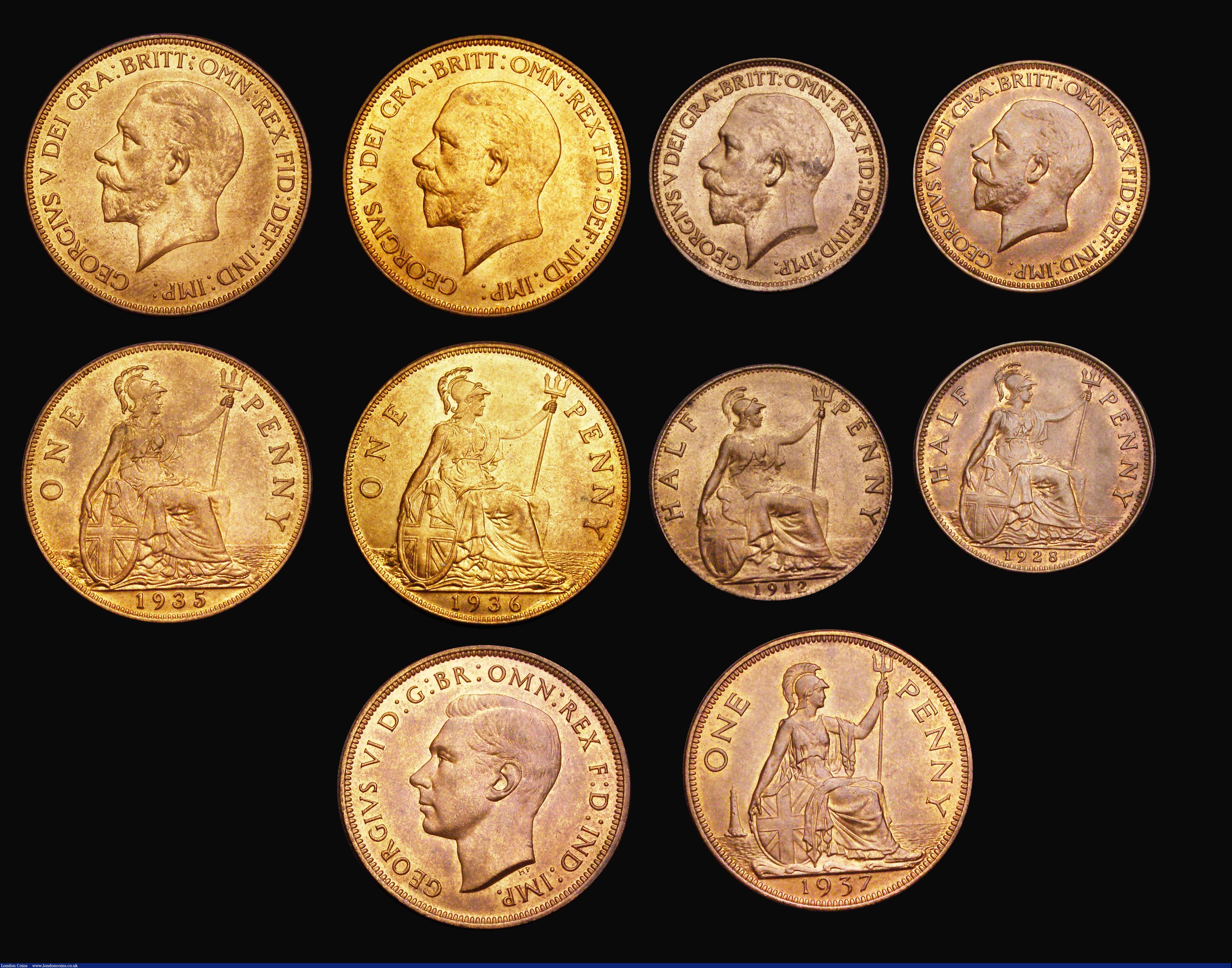 London Coins : A191 : Lot 2239 : Bronze in lustrous Unc (8) Pennies 1901, 1928, 1935 (2), 1936, 1937. Halfpenny 1912 and 1928 all Unc...