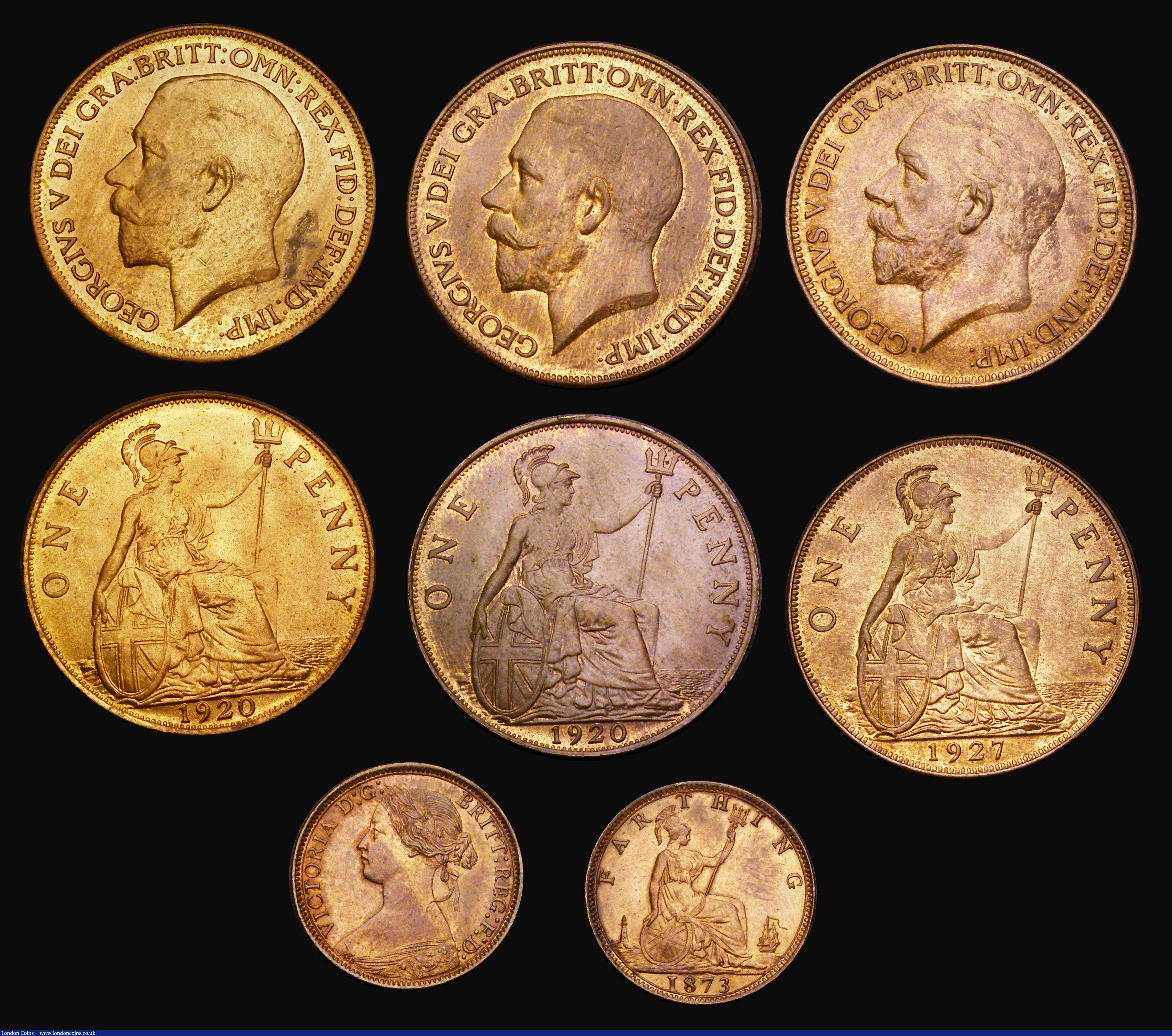 London Coins : A191 : Lot 2246 : Copper and Bronze (7) Farthings 1826, nEF, 1837 EF, 1873 Unc with subdued lustre, Halfpenny 1837 VF,...
