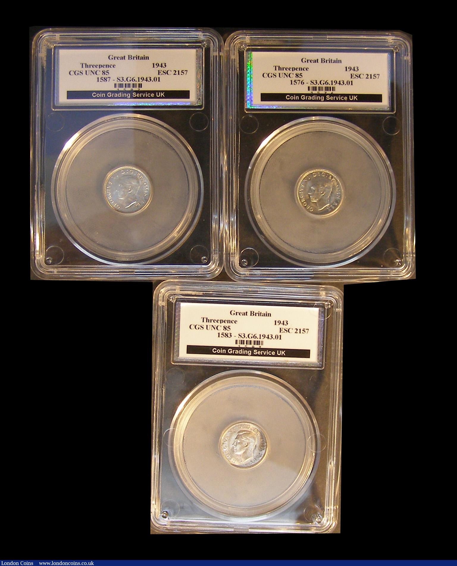 London Coins : A191 : Lot 2335 : Silver Threepence 1943 ESC 2157 (3) each Choice and brilliant Unc and grade and graded 85 by LCGS