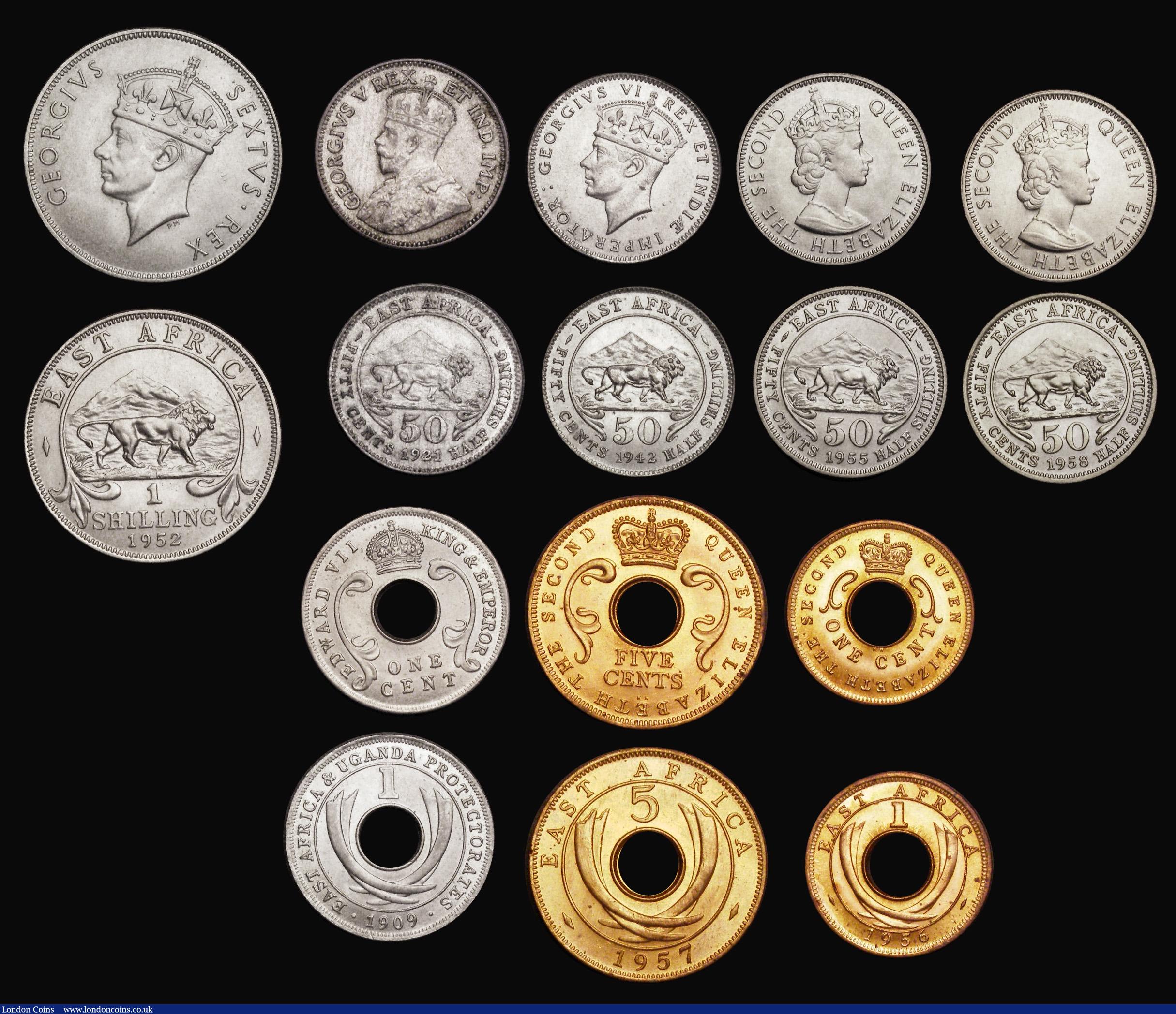 London Coins : A191 : Lot 2367 : East Africa a small collection (15) 1 Cent 1909, 1956, 5 Cent 1957, 50 Cents 1921, 1942, 1955, 1956,...