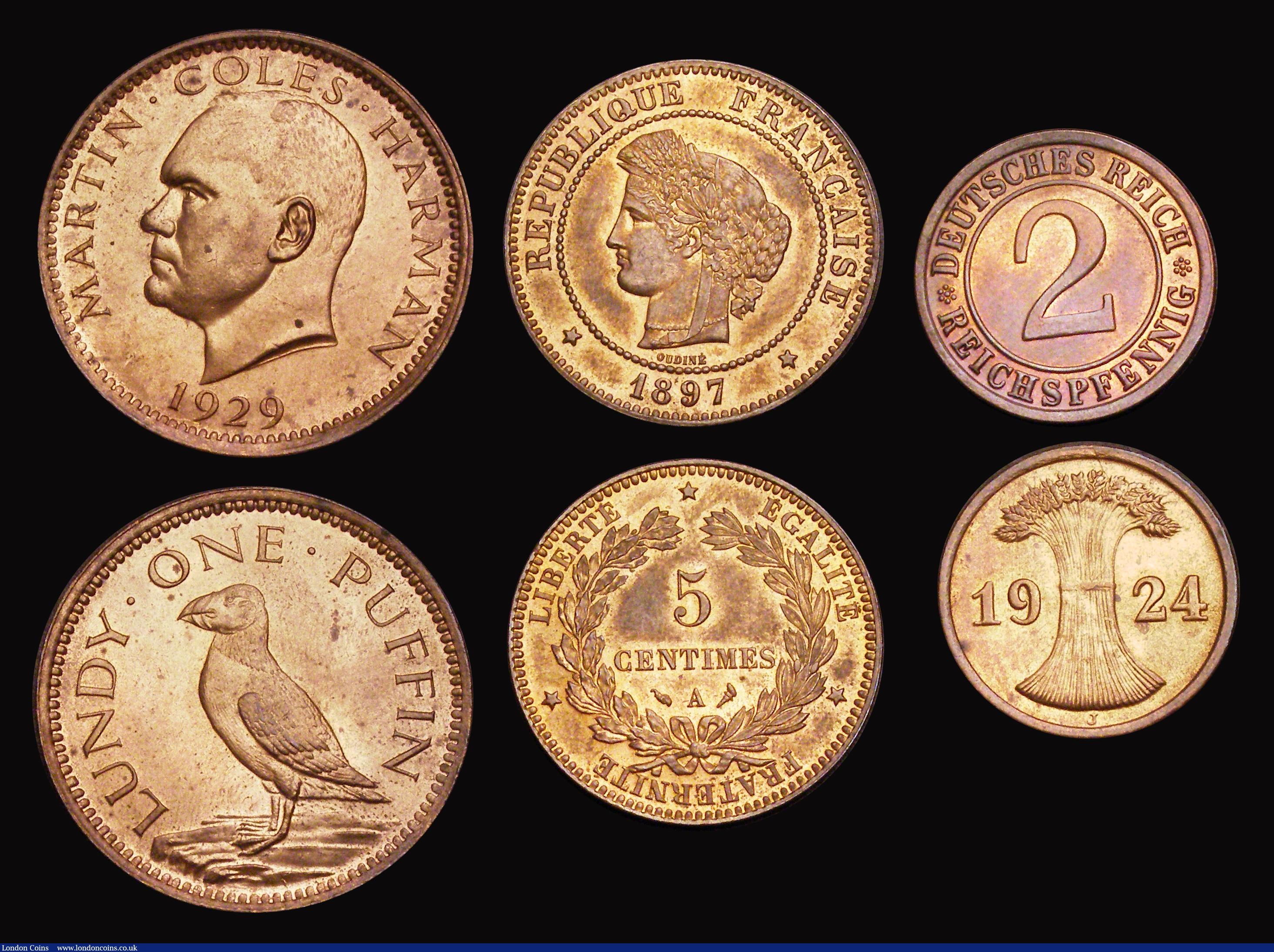 London Coins : A191 : Lot 2429 : World in high grades England Shilling 1889 EF, France 5 Centimes 1897 Lustrous Unc, Germany 10 PF 19...