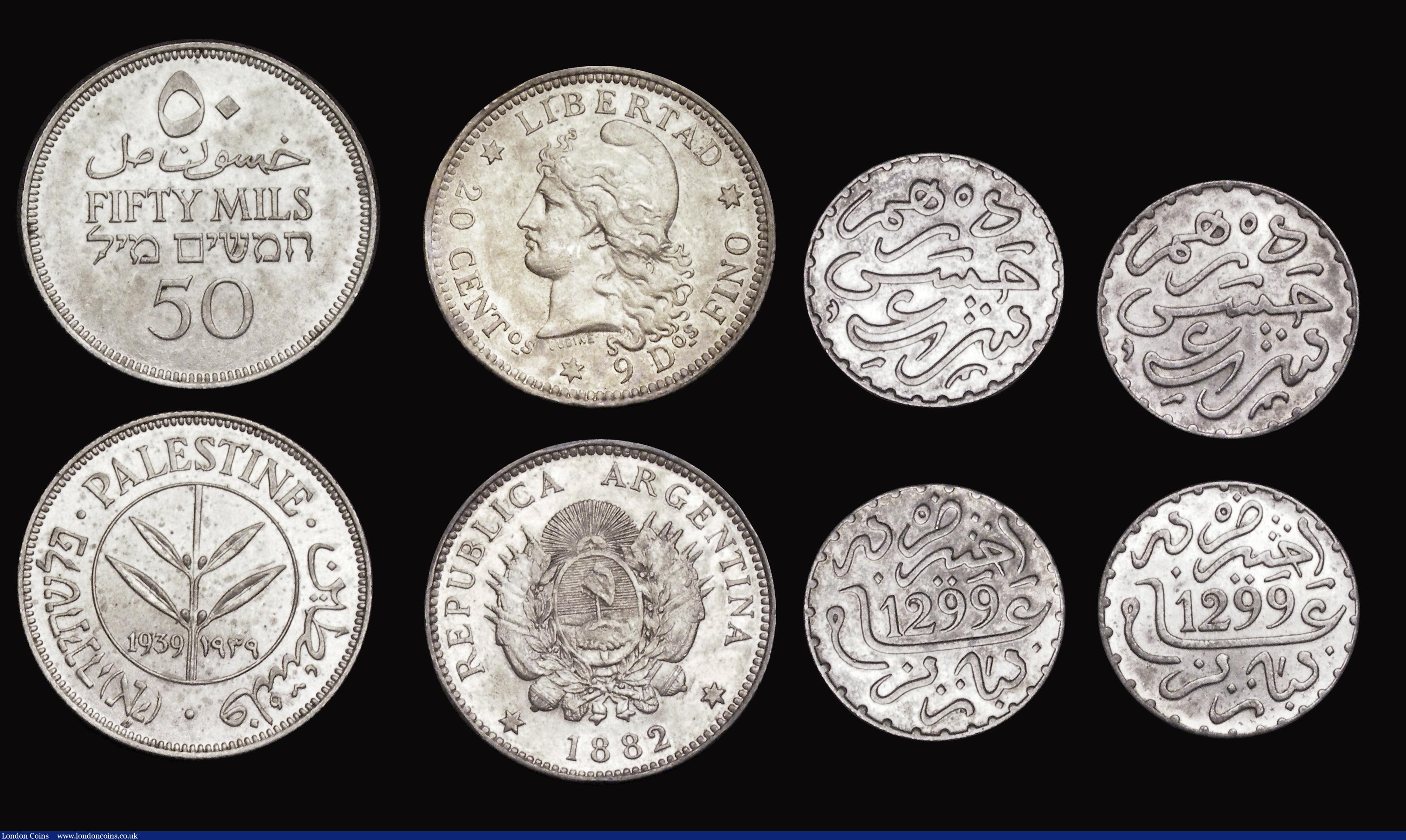 London Coins : A191 : Lot 2433 : World in Silver (7) Argentina 20 Cents 1882 EF, Brazil 1000 Reis 1888 Lustrous Unc,  Iran 2000 Dinar...