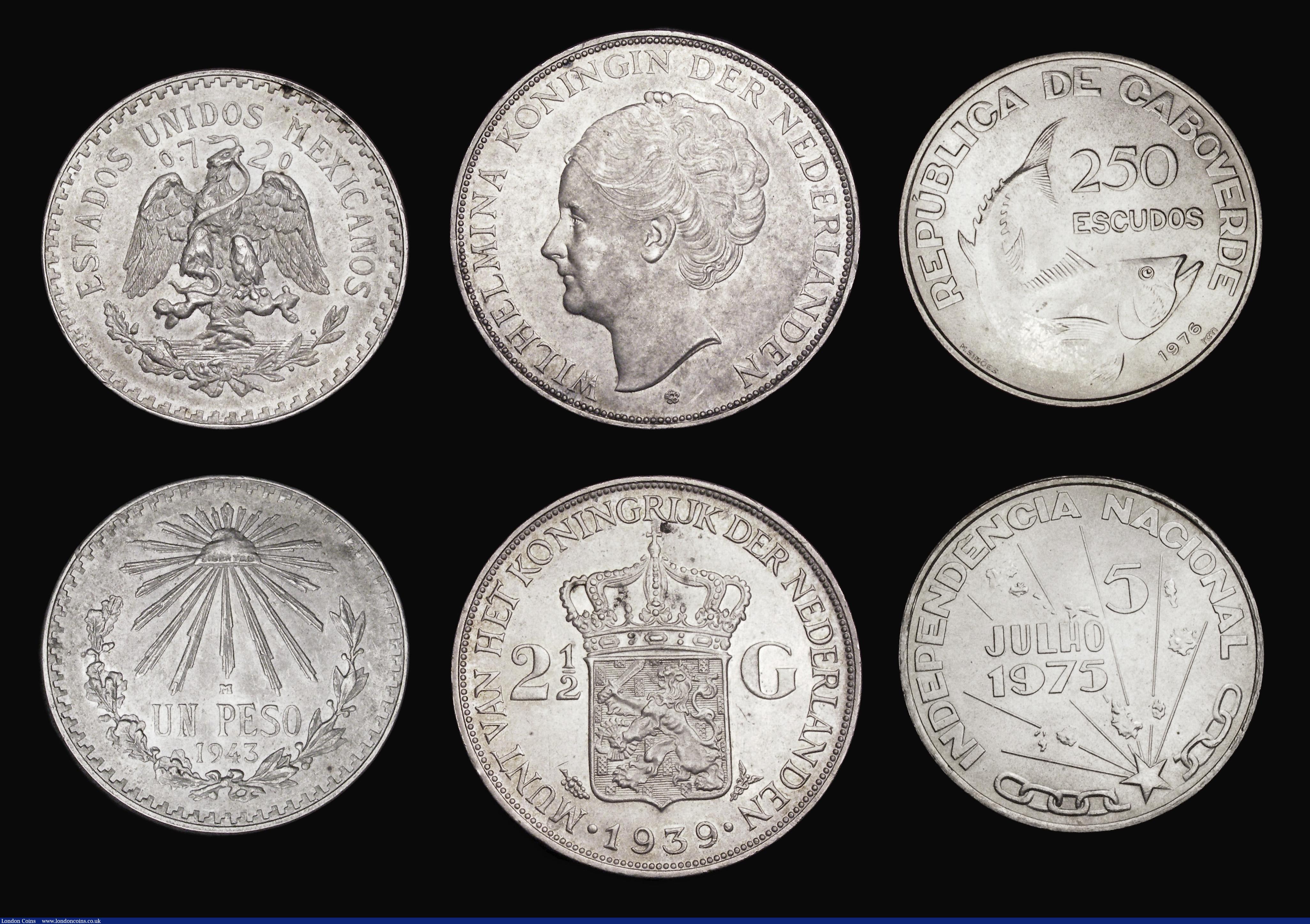 London Coins : A191 : Lot 2438 : World larger silver Cape Verde Peso 1975 Unc, Netherlands 2-1/2 Gulden (2) 1930 and 1939 both Unc or...