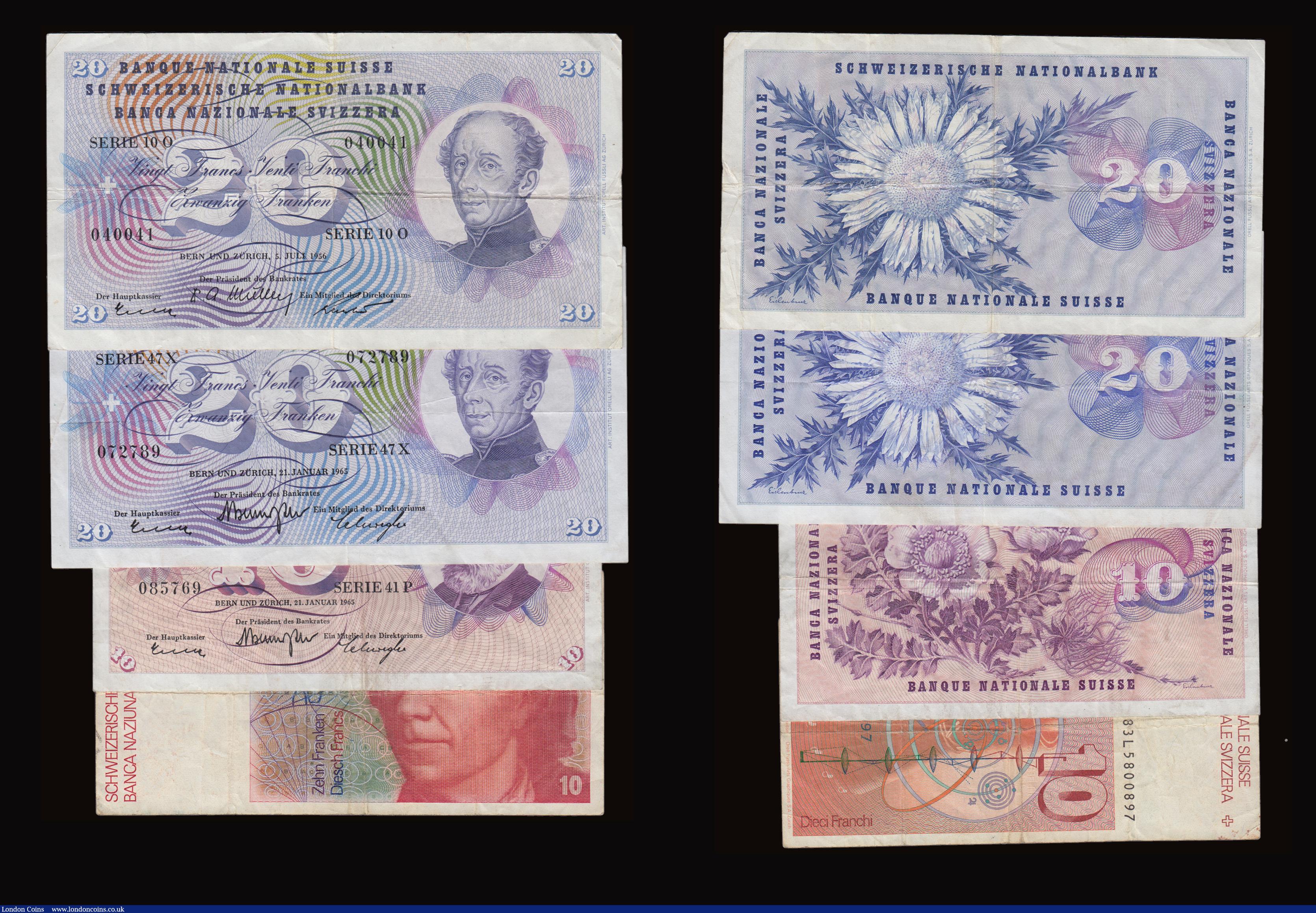 London Coins : A191 : Lot 265 : Switzerland 100 Franken 2.12.1943 Fine small tear bottom edge, 50 Franken 10.10.1947 VF, 5 Franken 2...