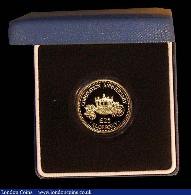 London Coins : A191 : Lot 553 : Alderney &pound;25 Gold 1993 Coronation 40th Anniversary Proof FDC cased as issued with certificate