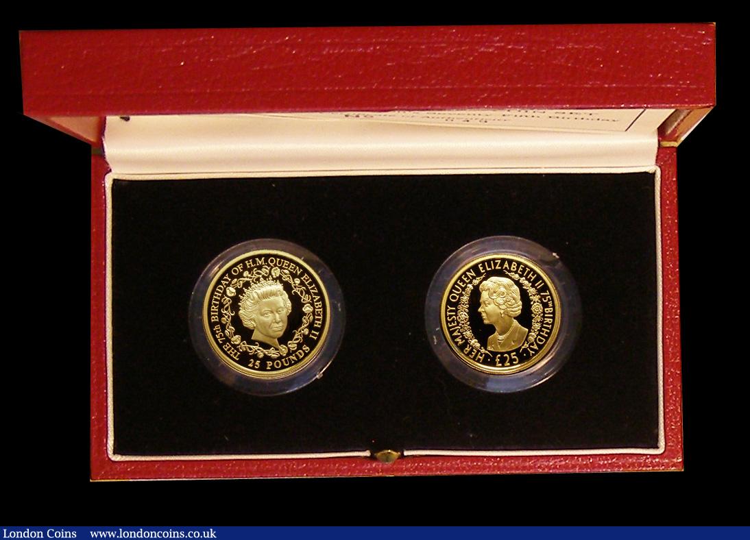 London Coins : A191 : Lot 556 : Alderney and Guernsey &pound;25 a 2-coin set 2001 Queen Elizabeth II 75th Birthday Gold Proofs FDC i...