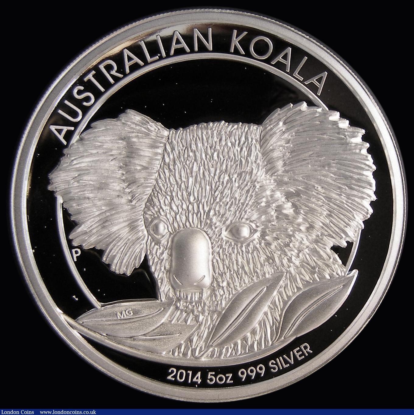 London Coins : A191 : Lot 573 : Australia 8 Dollars 2014 5 Ounce Silver High Relief Koala FDC in the Perth Mint box of issue with ce...
