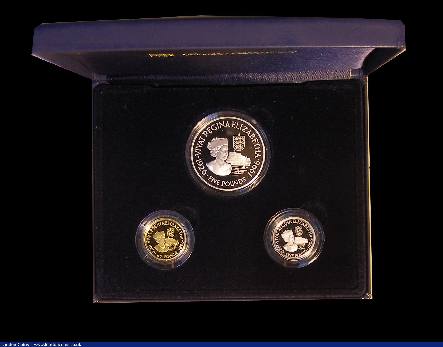 London Coins : A191 : Lot 602 : Guernsey Family Set Her Majesty Queen Elizabeth II 70th Birthday 1996 a 3 coin set comprising 25 Pou...