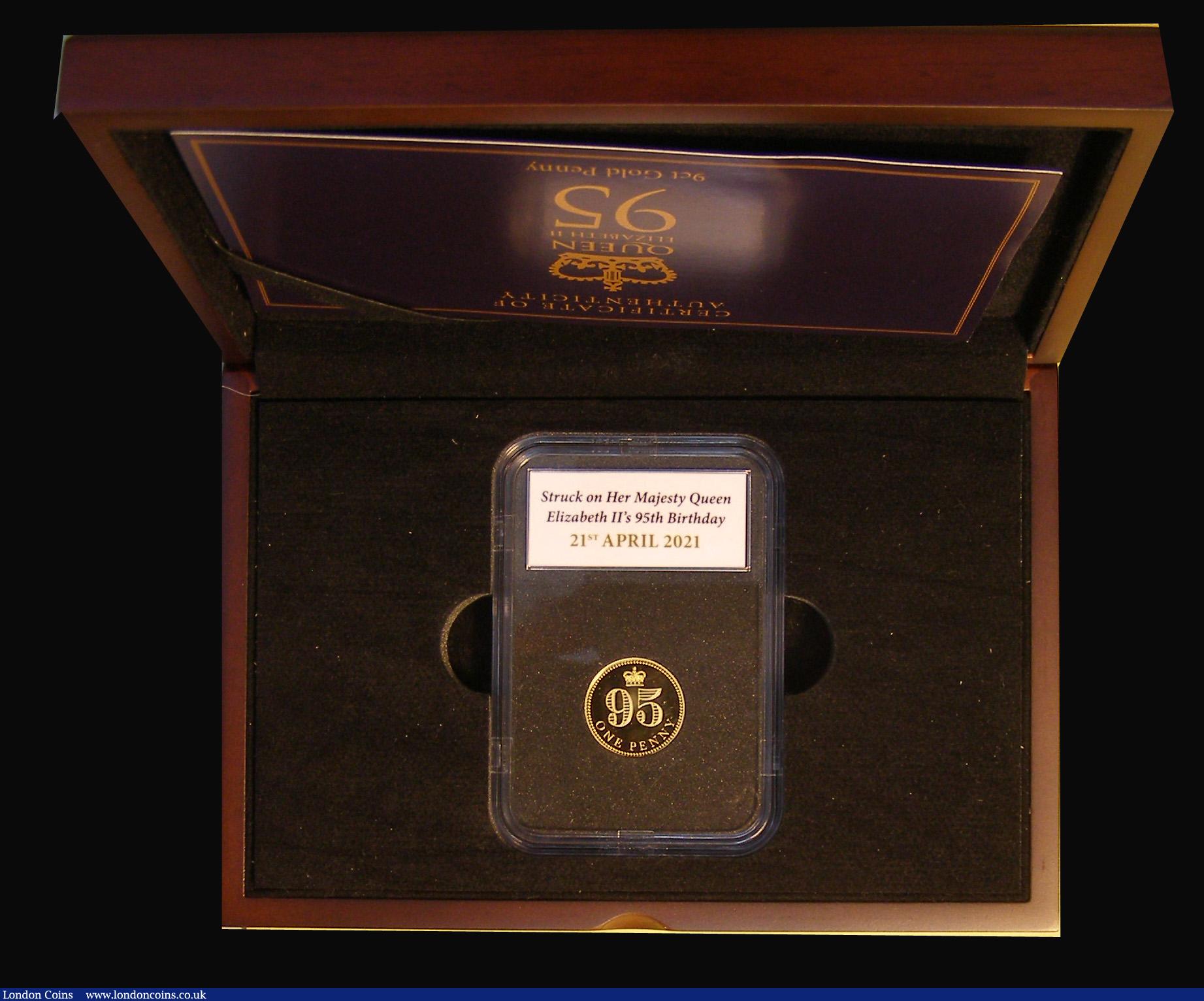London Coins : A191 : Lot 626 : Jersey One Penny 2021 QE II 95th Birthday Gold (9 carat) Proof FDC in a struck on the day 21st April...
