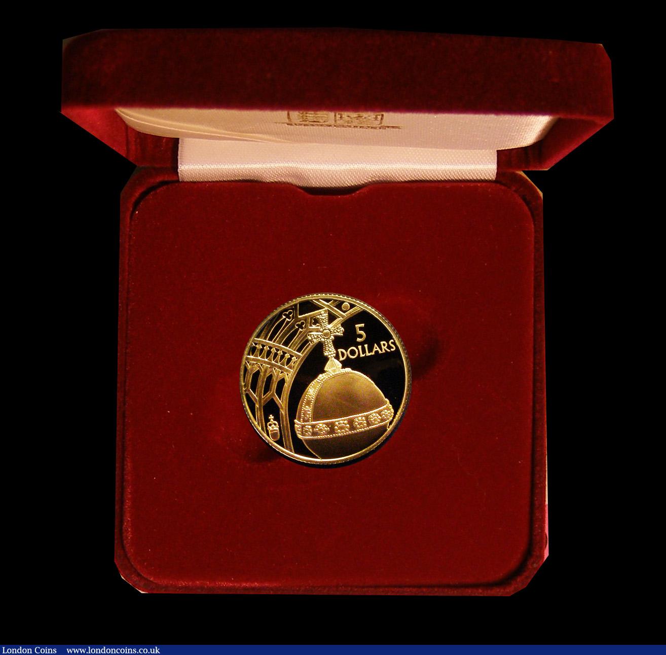 London Coins : A191 : Lot 649 : Solomon Islands 5 Dollars 2002 QE II Golden Jubilee Gold Prof in the Royal Mint presentation box of ...