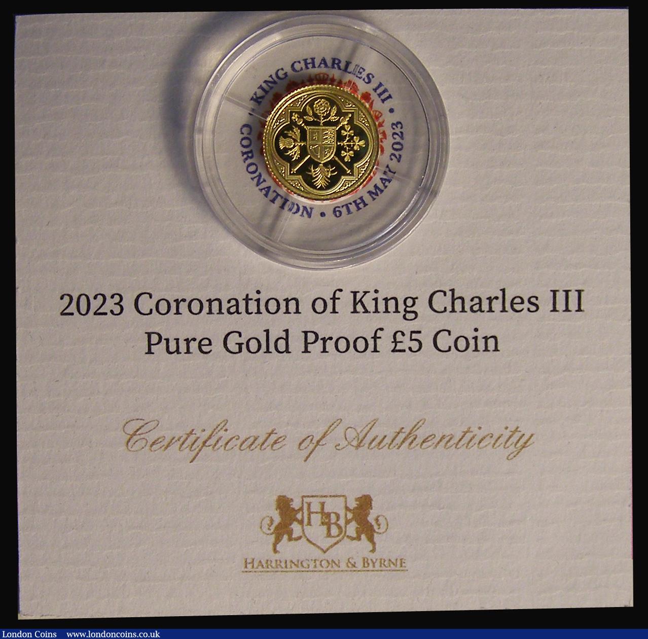 London Coins : A191 : Lot 658 : Tristan Da Cunha Five Pounds  (1/2 gram 24 carat) Gold Proof Charles II portrait shield with emblems...