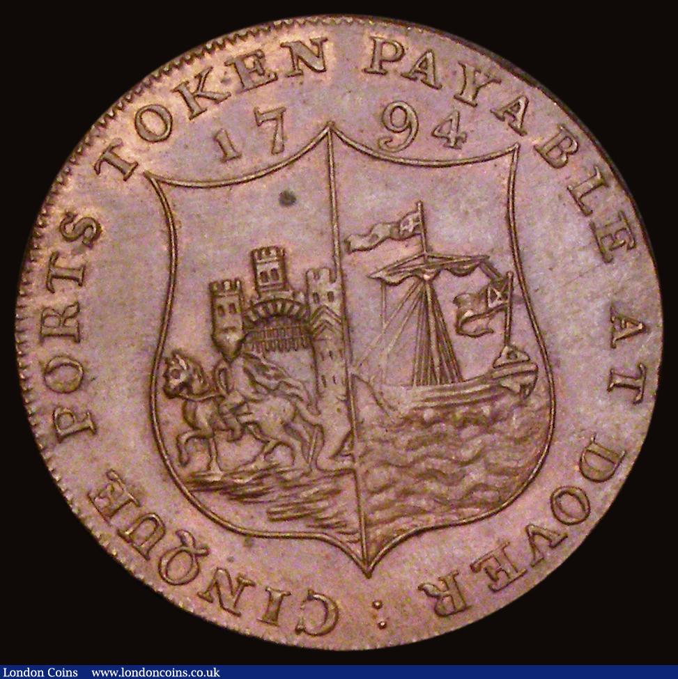 London Coins : A191 : Lot 706 : Halfpenny 1794 Dover Cinque Port W.Pitt Lord Warden Kent D&H16 EF