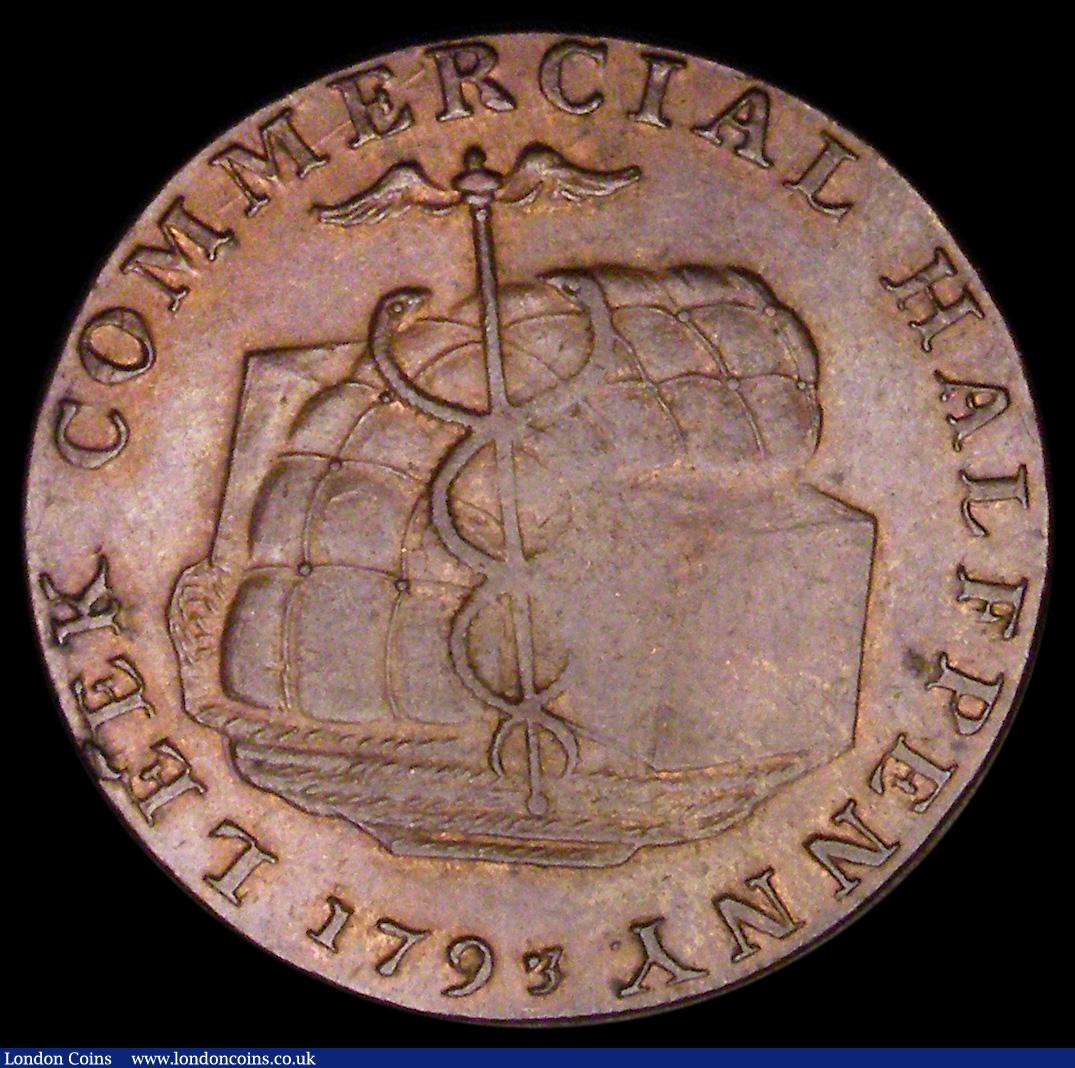London Coins : A191 : Lot 707 : Halfpenny 1794 Leek FOR CHANGE NOT FRAUD plain edge D&H Staffordshire 16a AU with some lustre an...