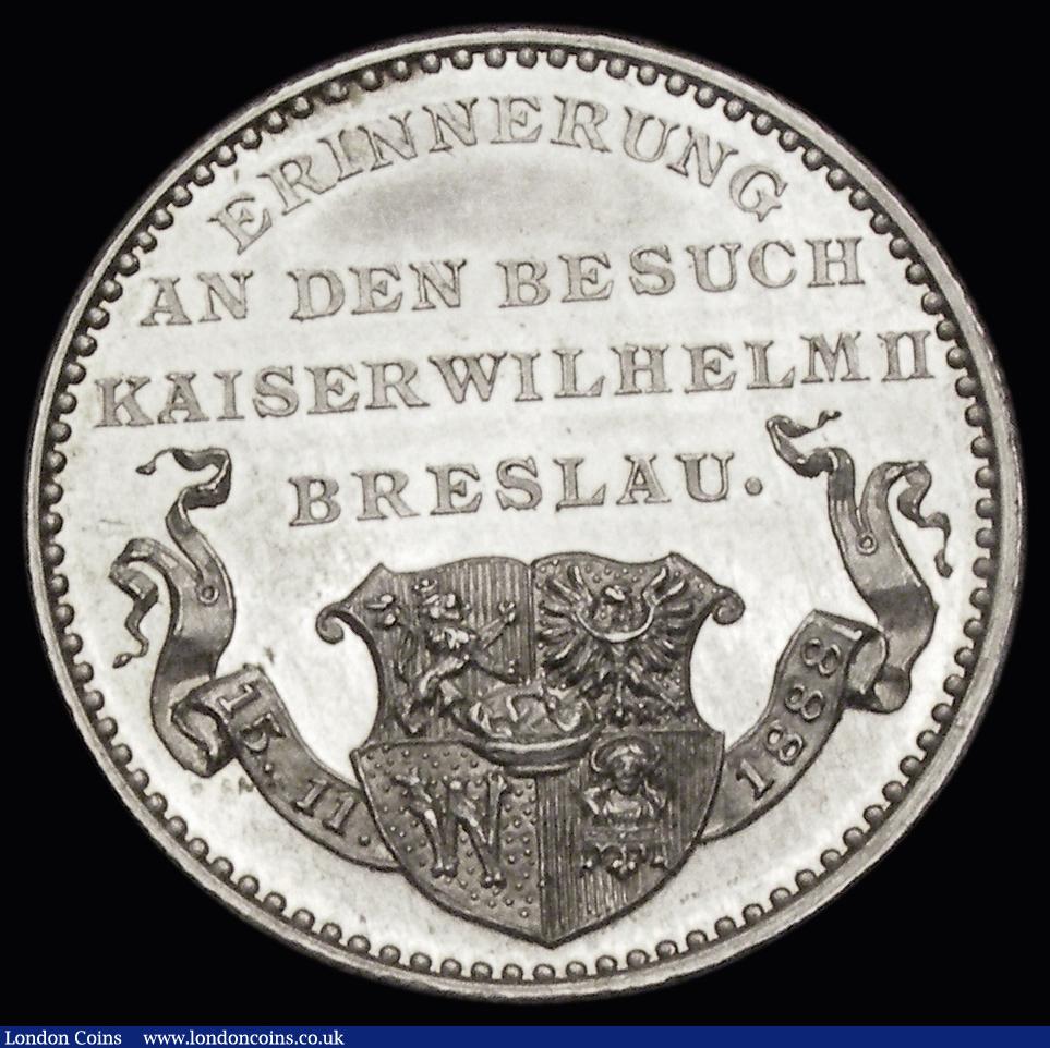 London Coins : A191 : Lot 795 : Germany 1888 Visit to Breslau of Emperor Wilhelm II in silver 12.6 grams 28mm right facing bust of K...