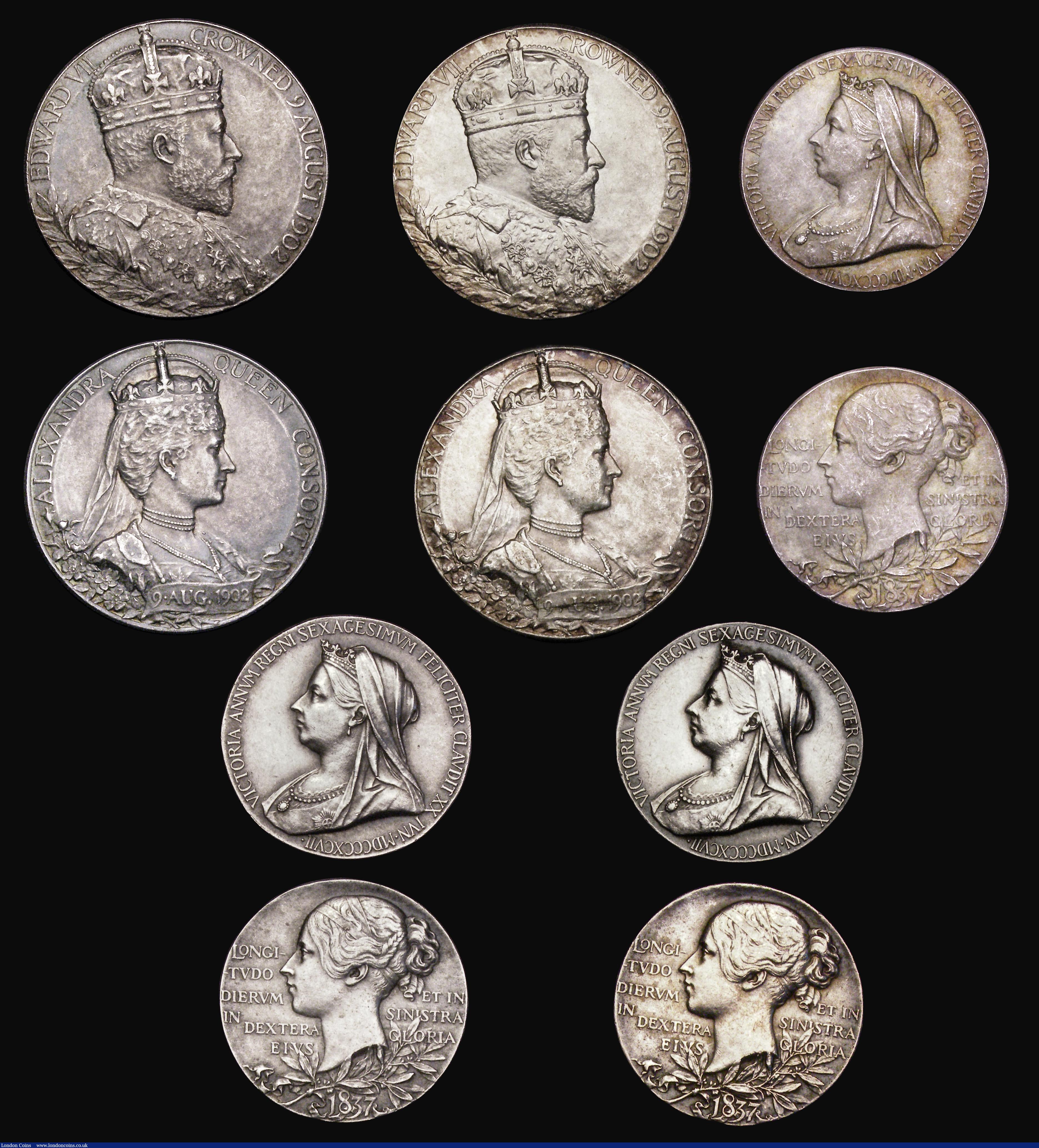 London Coins : A191 : Lot 800 : Official Royal Mint issues in silver (8) 1897 Victoria Diamond Jubilee 26mm (3) GEF-Unc, 1902 Corona...