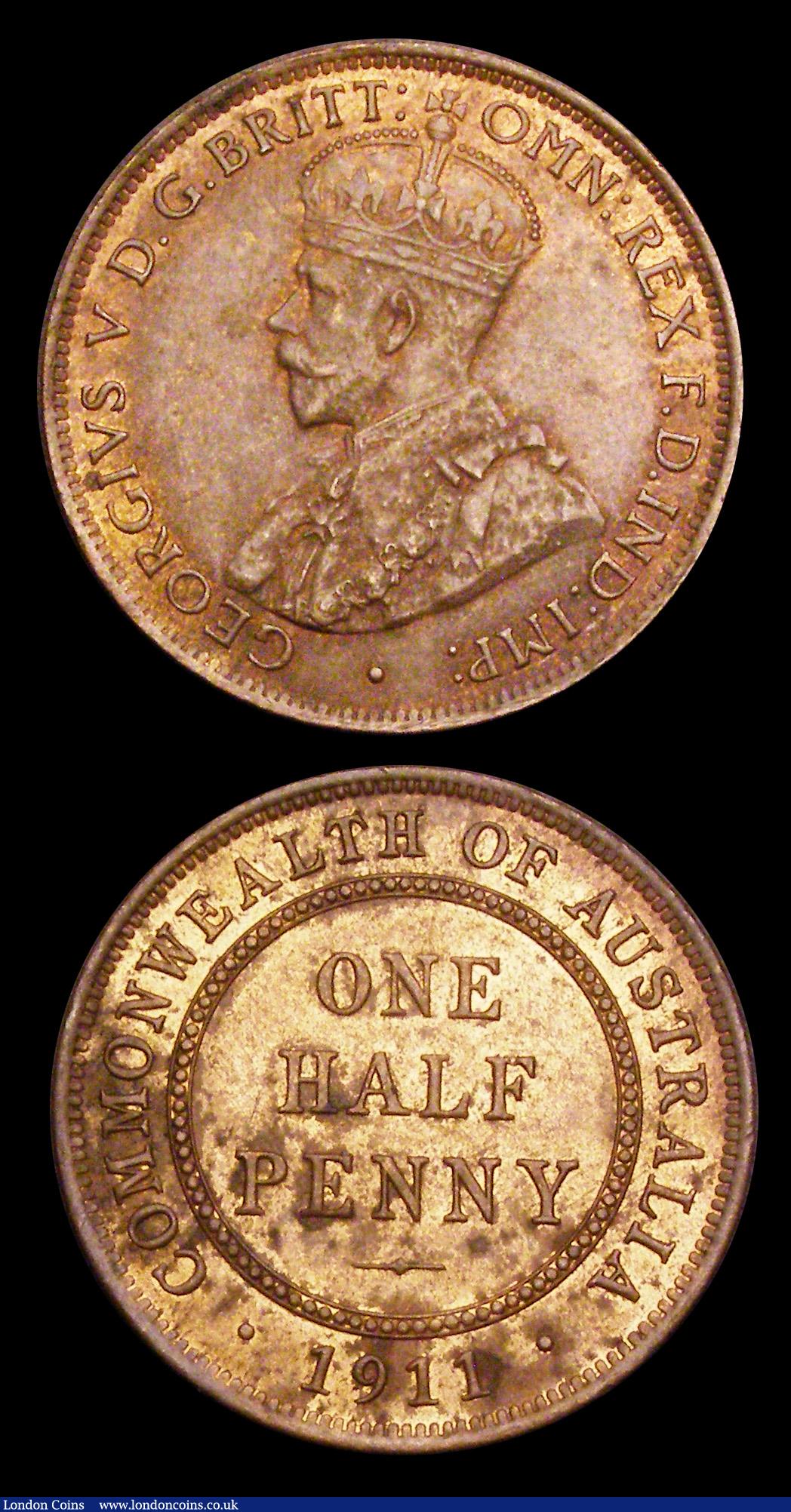 London Coins : A191 : Lot 882 : Australia (2) Penny 1922 KM#23 VF/GVF, Halfpenny 1911 KM#22 EF the obverse with traces of lustre, th...