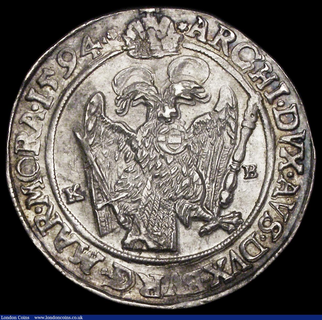 London Coins : A191 : Lot 890 : Austria Thaler 1594 Rudolf II KB Kremnitz Mint EF with an arear of black staining beneath the bust