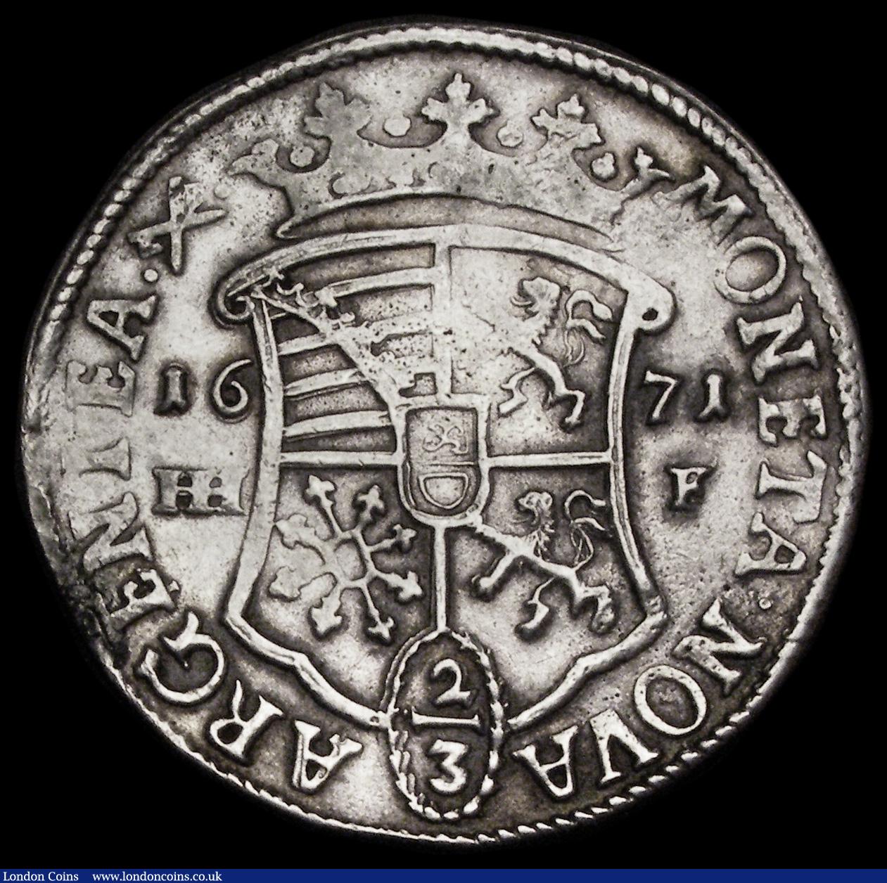 London Coins : A191 : Lot 946 : German States - Magdeburg 2/3 Thaler 1671 HHF KM169 Augustus obverse VF details with porous fields p...