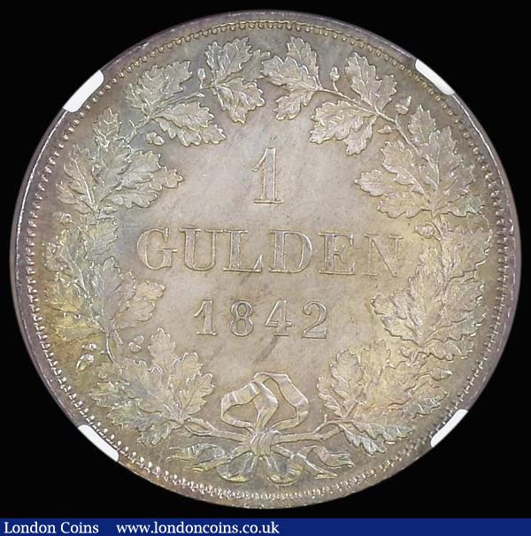 London Coins : A191 : Lot 960 : German States - Wurttemberg Gulden 1842 KM#574 in an NGC holder and graded MS63
