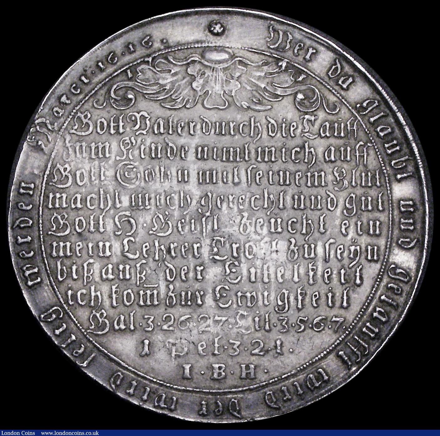 London Coins : A191 : Lot 967 : Germany Baptism Thaler 1741 I.B.H. Harz Mint impressive 52mm diameter Good VF with some smoothing in...
