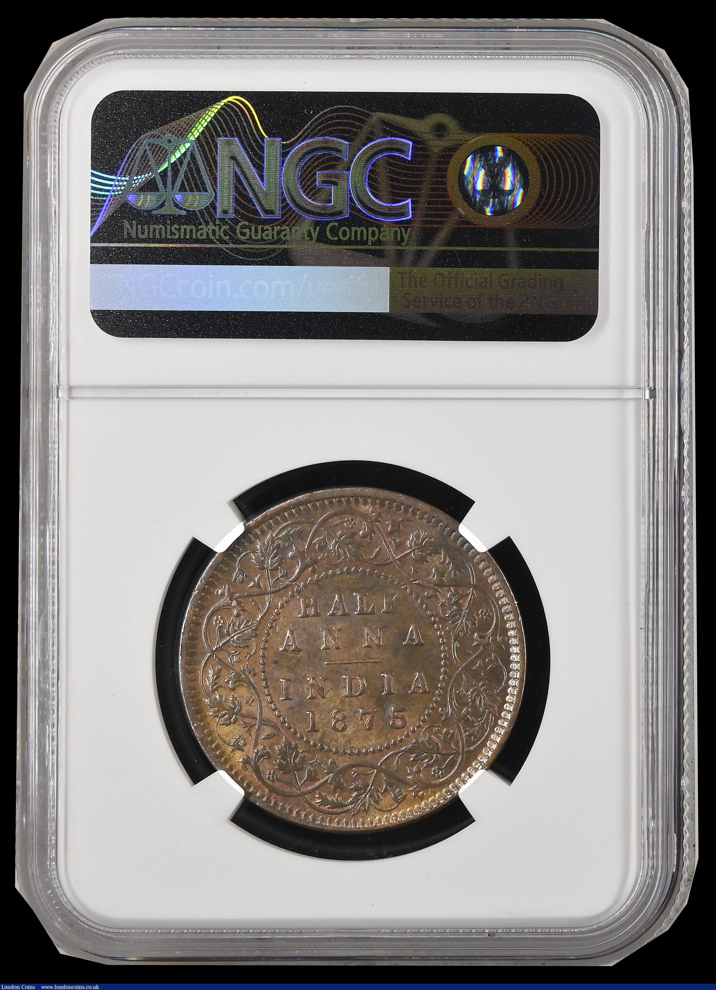 London Coins : A191 : Lot 992 : India Half Anna 1875 Calcutta Mint KM#468 NGC AU58BN