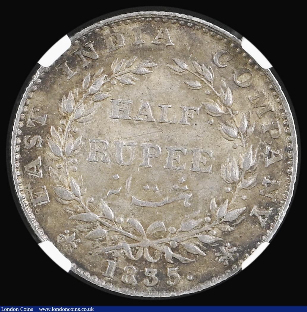 London Coins : A191 : Lot 993 : India Half Rupee 1835 F incuse obverse KM449.3  NGC MS61