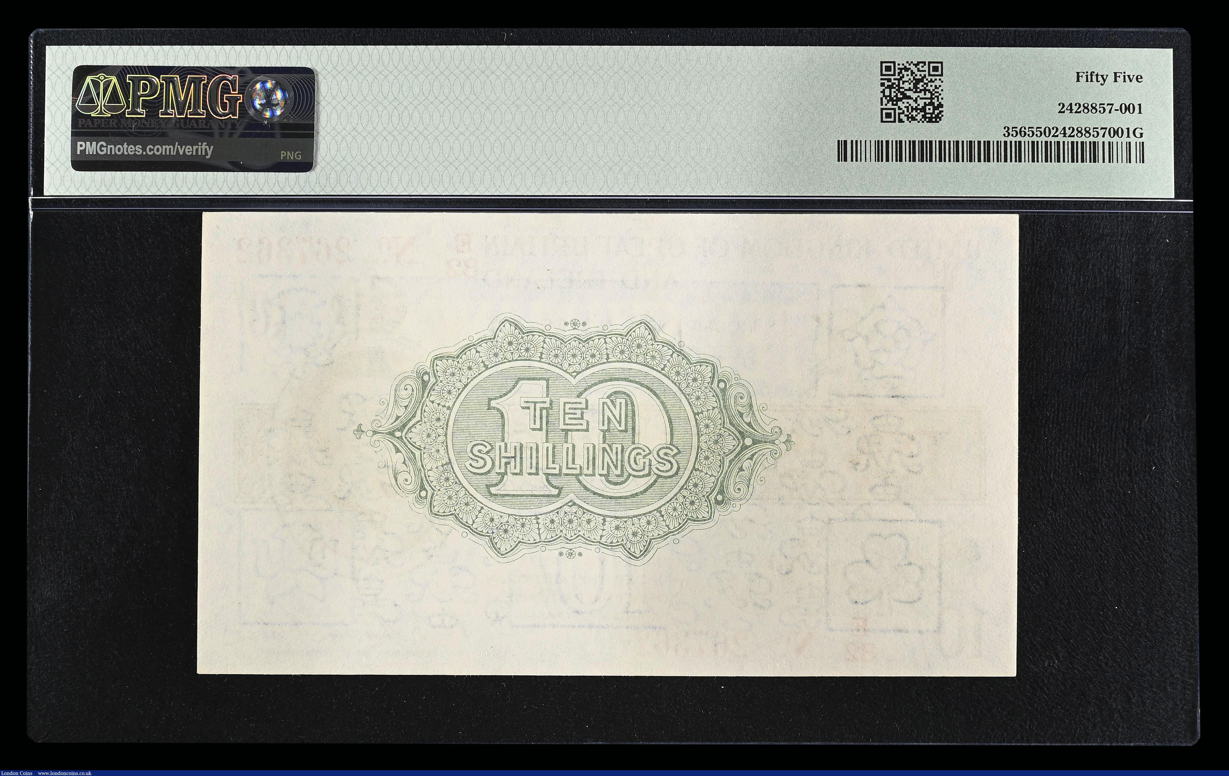 London Coins : A192 : Lot 10 : Ten Shillings Warren Fisher T25 issued 1919 red serial number E/32 267362 (No. with dot), in a PMG H...