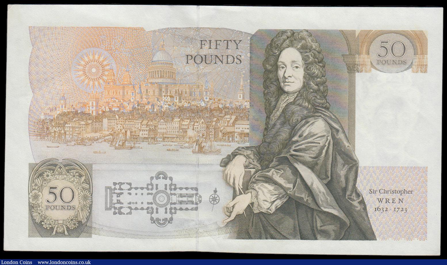 London Coins : A192 : Lot 100 : Fifty Pounds Gill B356 issued 1988 Sir Christopher Wren reverse Official Last Run S/N D90 071693 AU-...