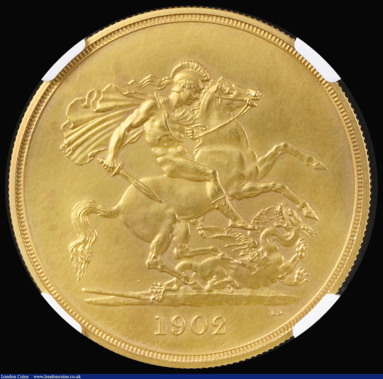 London Coins : A192 : Lot 1024 : Five Pounds 1902 Matt Proof S.3966 in an NGC holder and graded PF62 Matte, from the Coronation Proof...