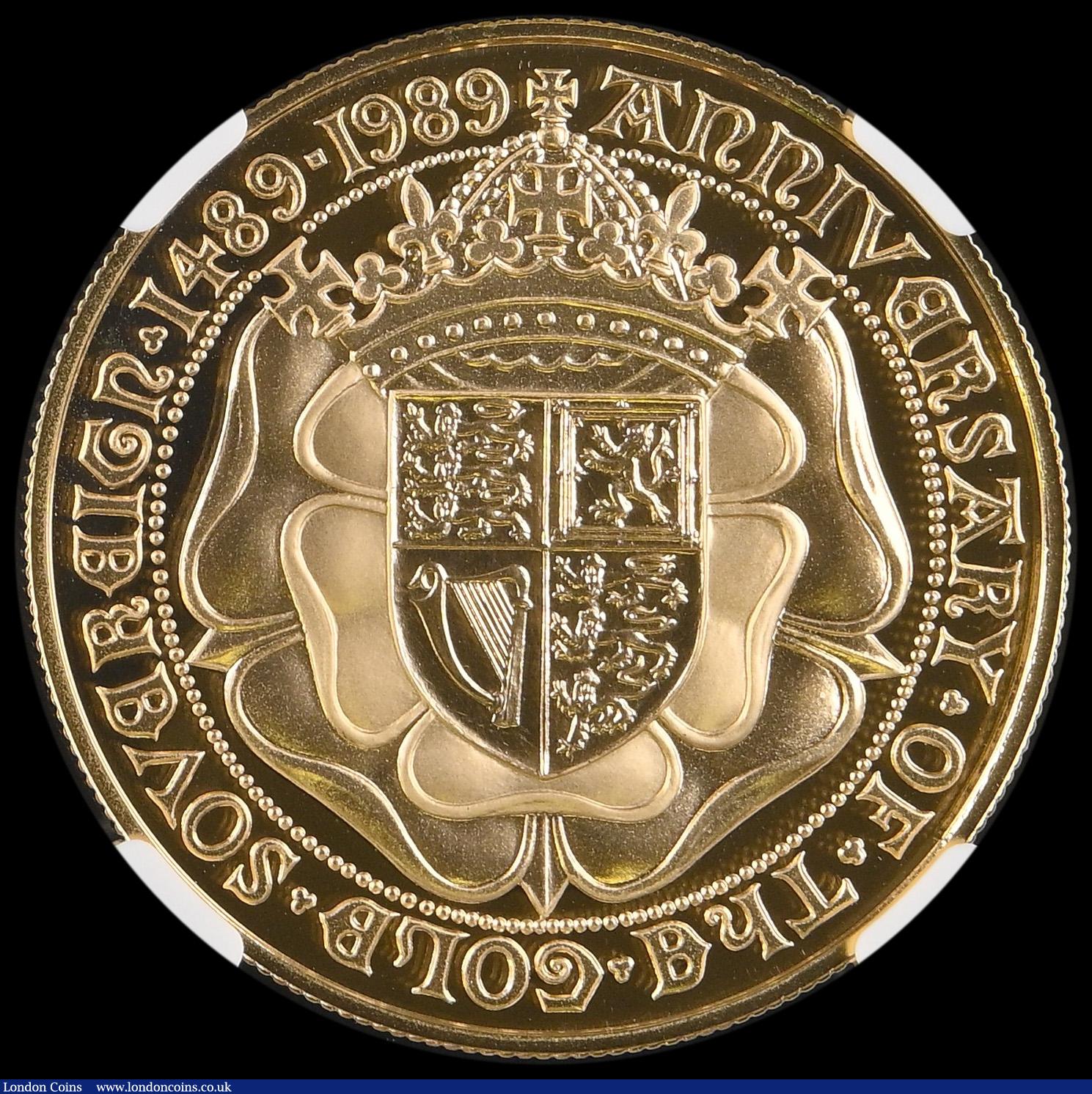 London Coins : A192 : Lot 1029 : Five Pounds 1989 500th Anniversary of the First Gold Sovereign in an NGC holder and graded PF69 ULTR...