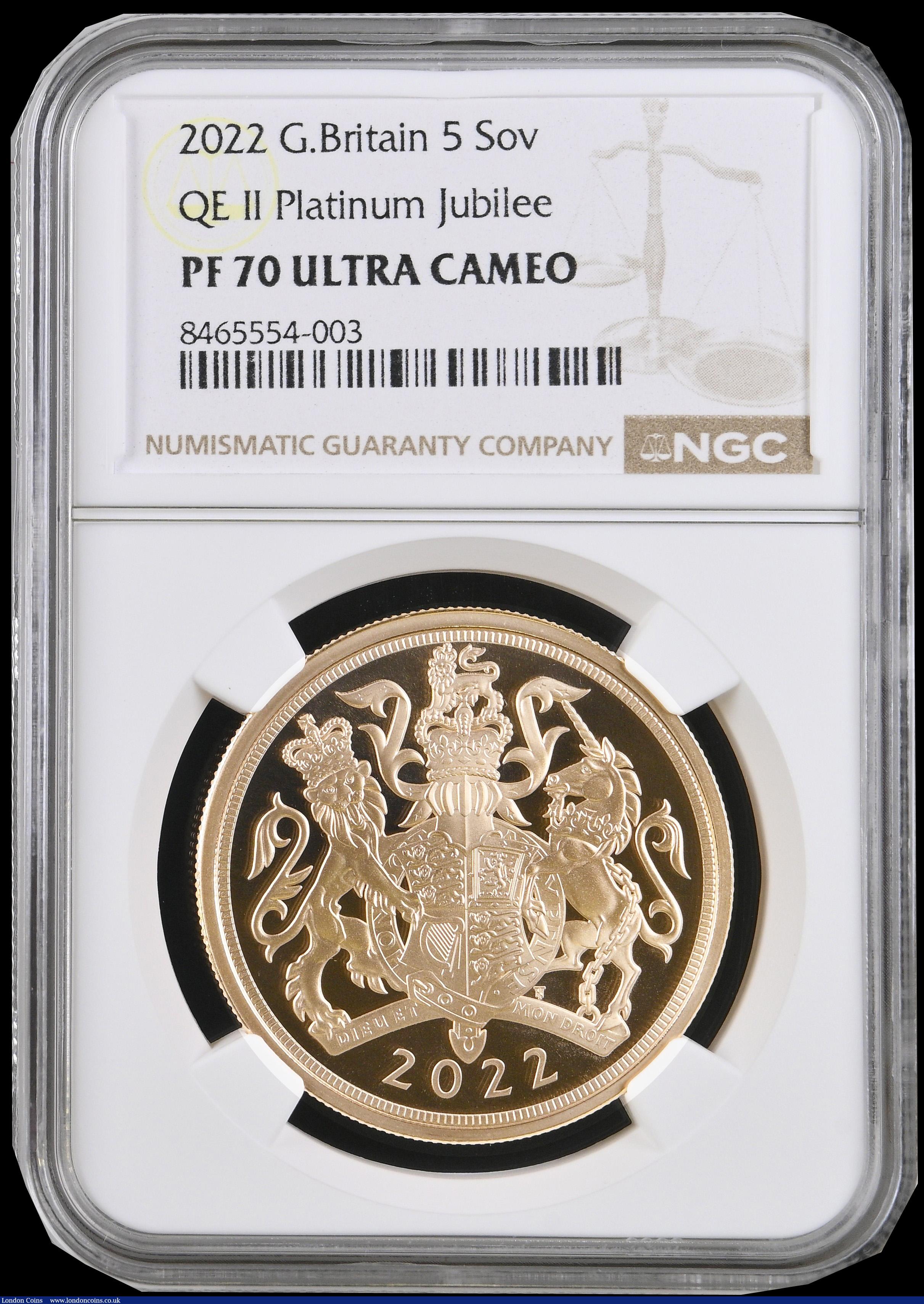 London Coins : A192 : Lot 1035 : Five Pounds 2022 Platinum Jubilee Gold Proof FDC in an NGC Holder Graded PF70 ULTRA CAMEO