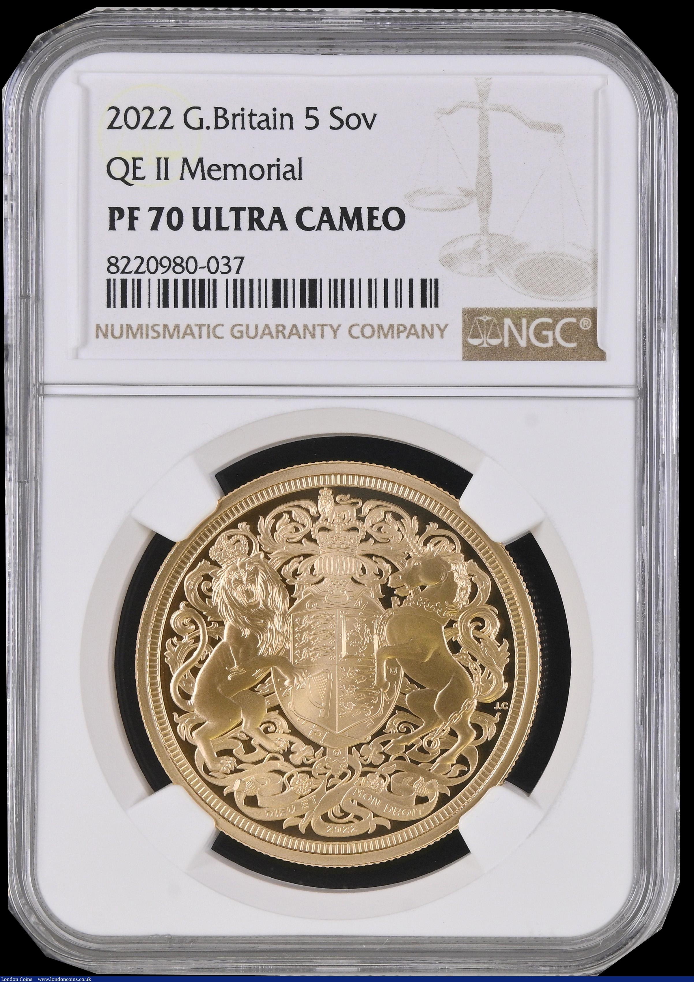 London Coins : A192 : Lot 1037 : Five Pounds 2022 QE II Memorial Gold Proof NGC PF70 ULTRA CAMEO 