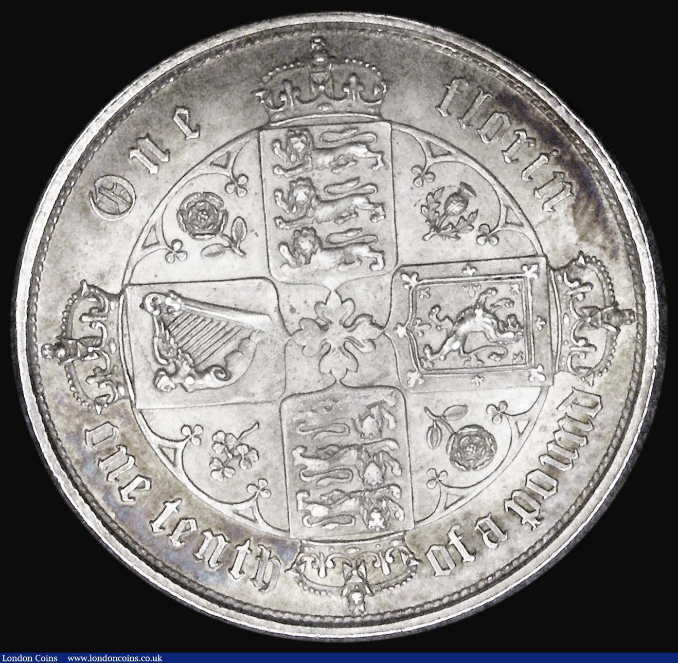 London Coins : A192 : Lot 1042 : Florin 1852 ESC 806, Bull 2820 UNC with a pleasant peripheral tone and some contact marks obverse