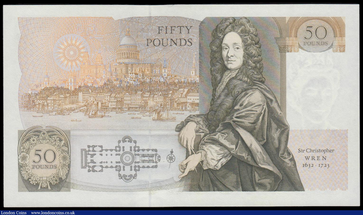 London Coins : A192 : Lot 105 : Fifty Pounds Kentfield QE2 pictorial and Sir Christopher Wren B361 issued 1991 FIRST RUN low number ...
