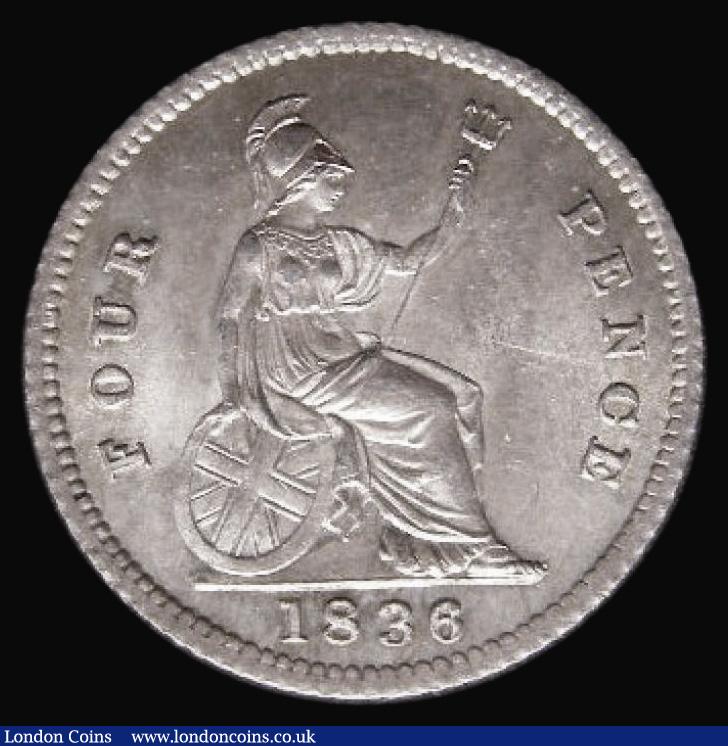 London Coins : A192 : Lot 1066 : Groat 1836 D: G: ESC 1918 Davies 380 dies 1A Lustrous UNC with some peripheral gold toning a choice ...