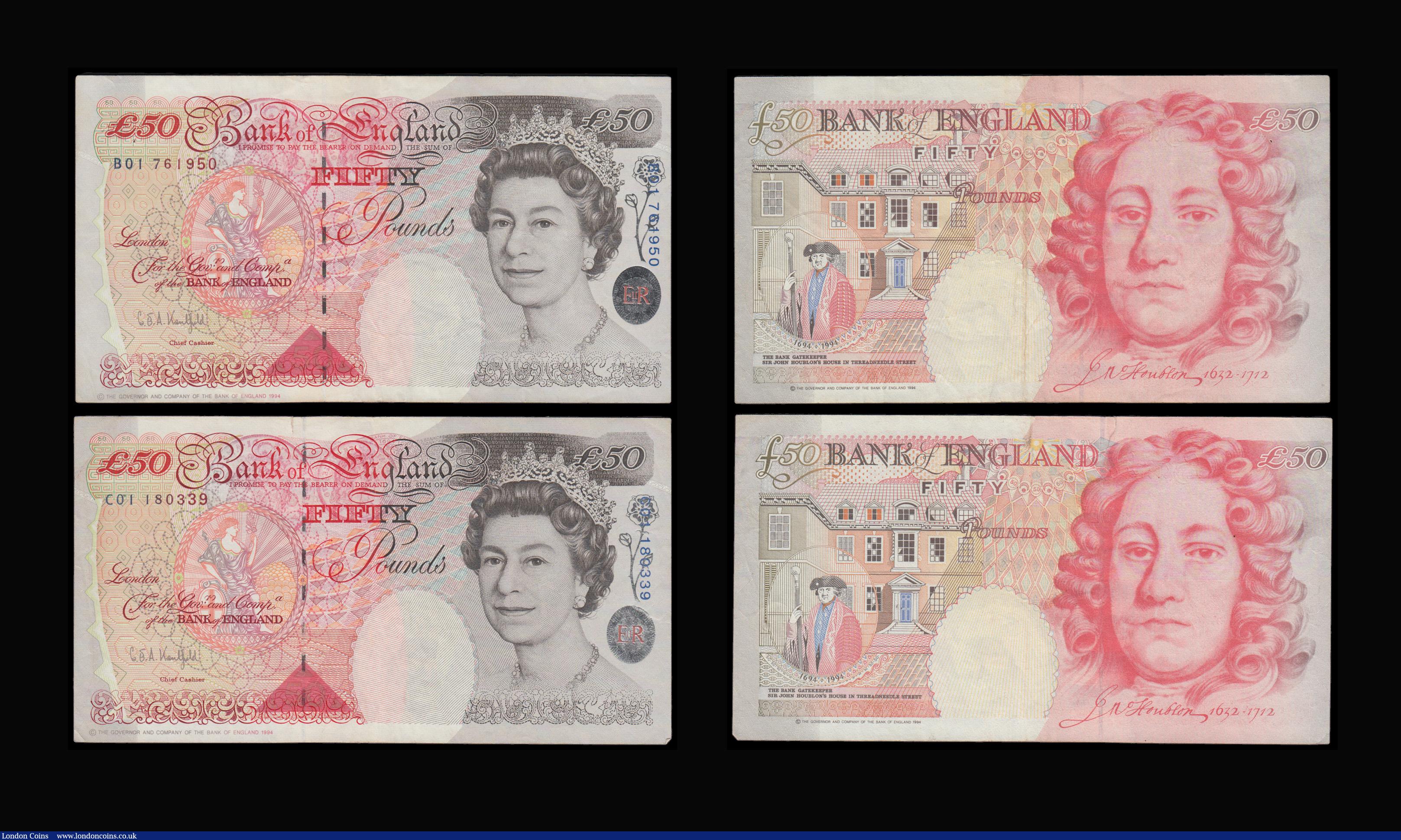 London Coins : A192 : Lot 107 : Fifty Pounds Kentfield B377 issued 1994 a collection of -01 prefixes B01 761950 VF, C01 180399 VF, D...