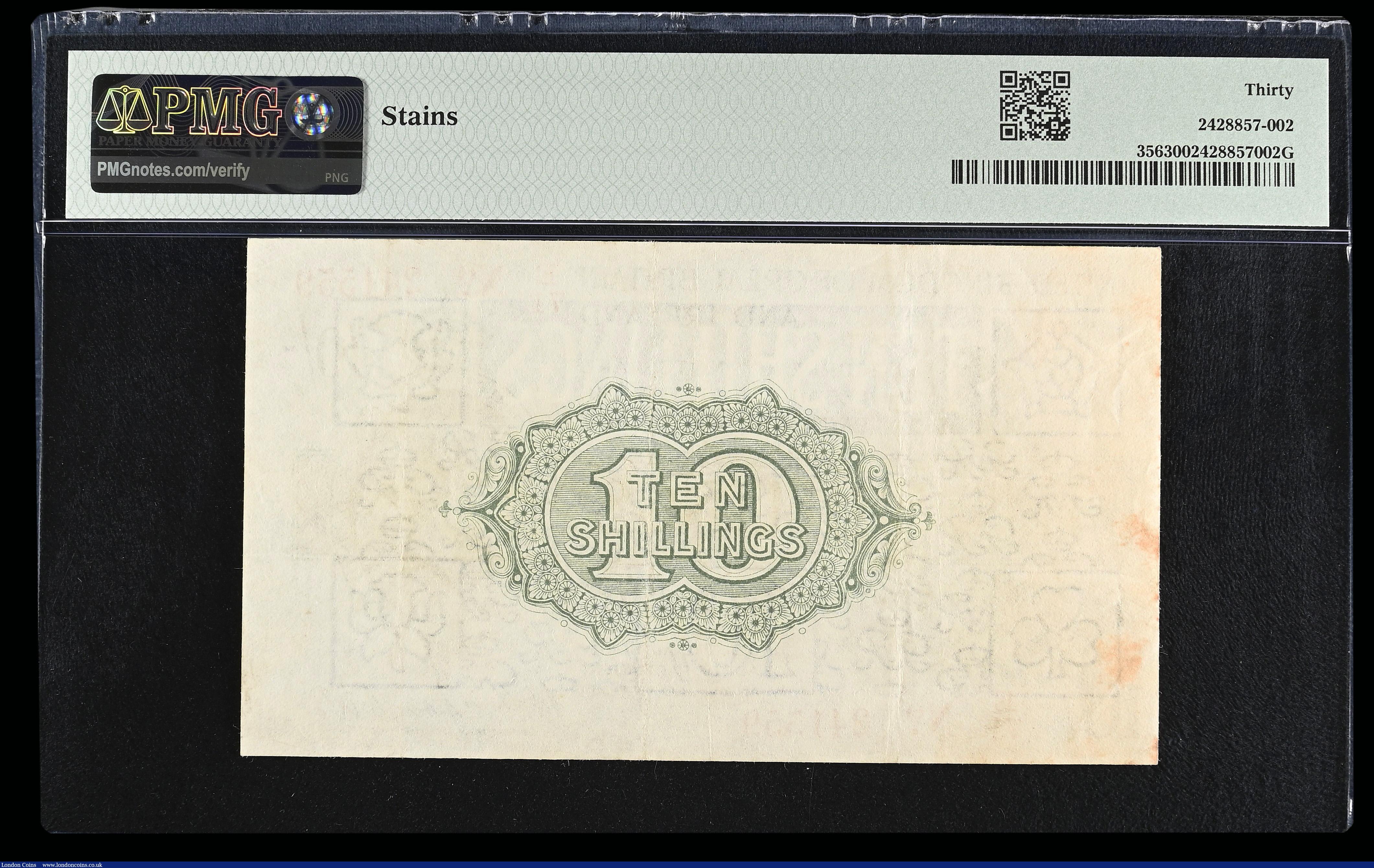 London Coins : A192 : Lot 11 : Ten Shillings 1919 T26 red serial number E/71 241559 PMG Very Fine 30 STAINS (two small faint red st...
