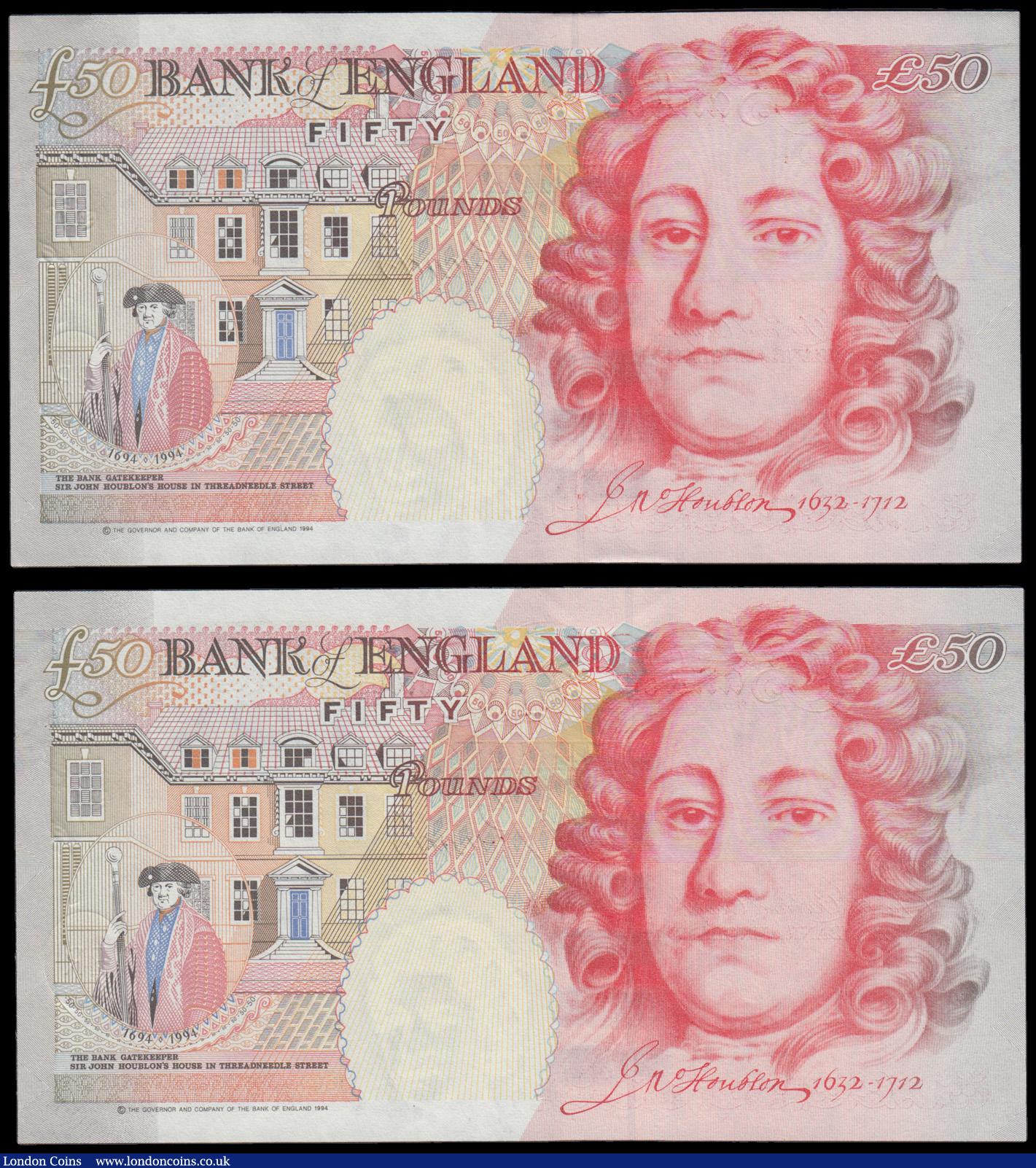 London Coins : A192 : Lot 110 : Fifty Pounds Kentfield Houblon commemorative prefixes (2) PW50 000044 AU-UNC, YR10 980101 AU-UNC