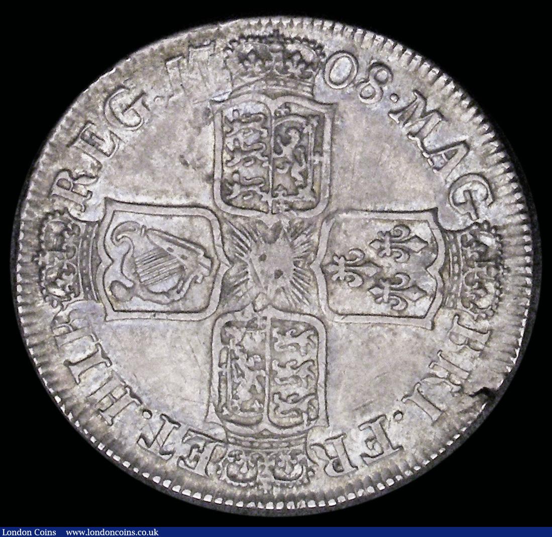 London Coins : A192 : Lot 1166 : Halfcrown 1708E with Z shaped 1 in date Bull 1382 VF with a small metal fault in the planchet betwee...