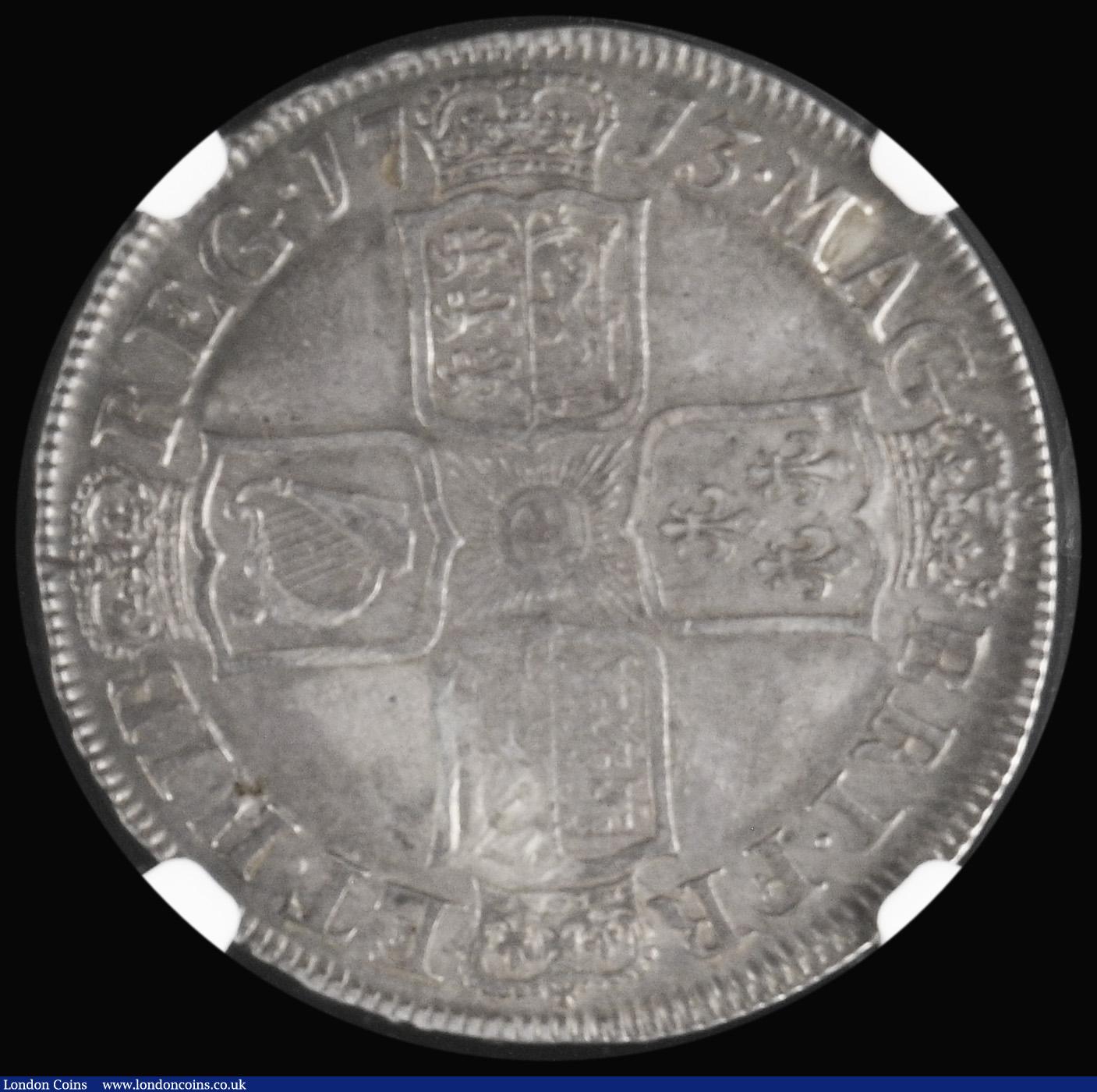 London Coins : A192 : Lot 1168 : Halfcrown 1713 Plain in angles ESC 583 with grey toning DVODECIMO, in a NGC Holder XF DETAILS REV RE...