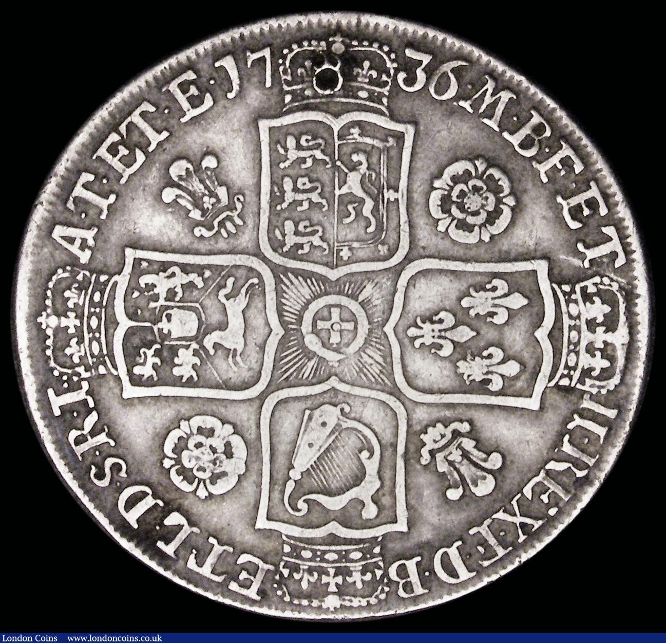London Coins : A192 : Lot 1171 : Halfcrown 1736 Roses and Plumes, NONO edge, ESC 599, Bull 1678, VF details with an attempted piercin...